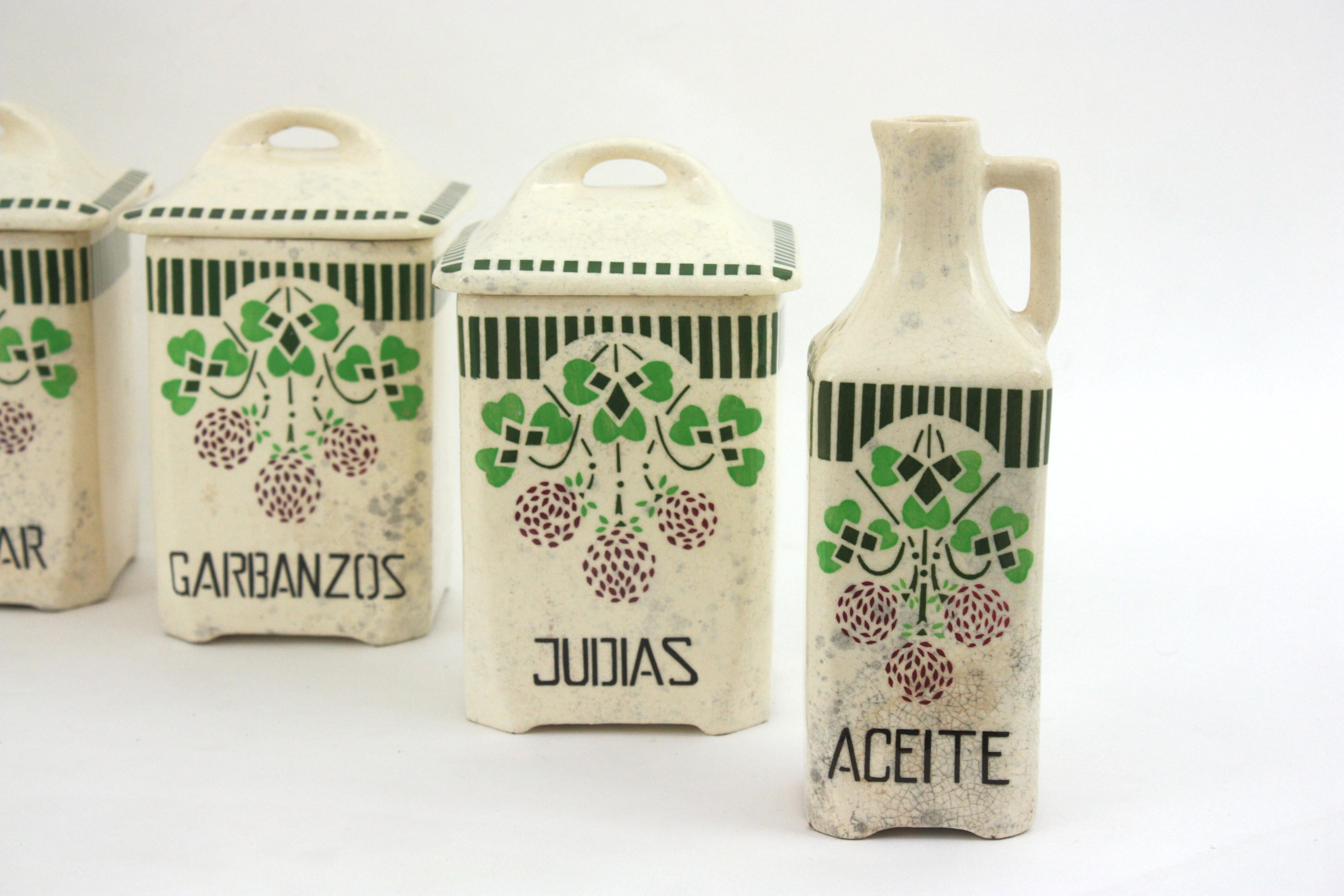 XX secolo Set di 8 barattoli da cucina in ceramica spagnola antichi / barattoli di stoccaggio in vendita