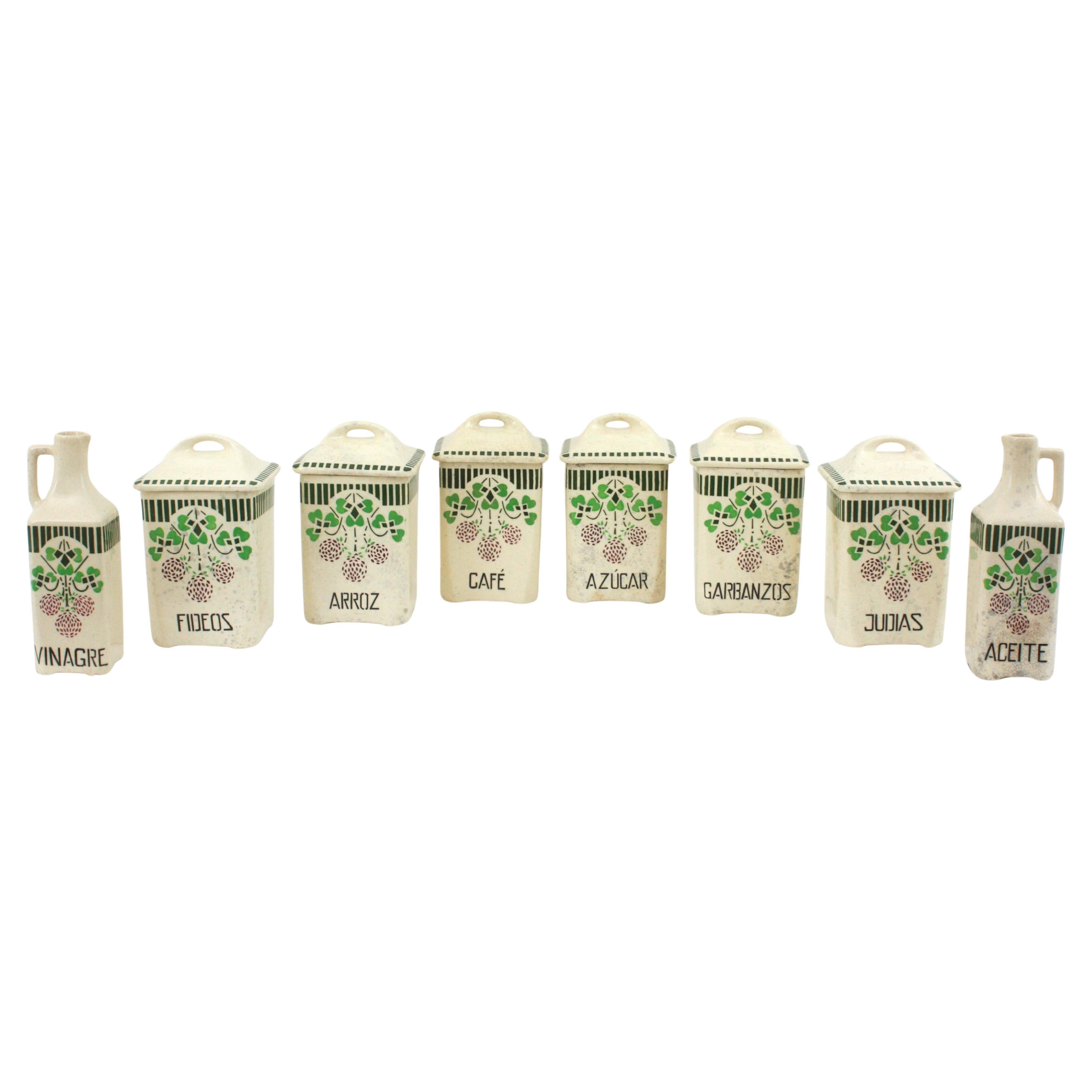 Set of 8 Antique Spanish Ceramic Kitchen Canisters / Storage Jars