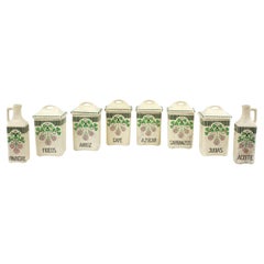 Set of 8 Antique Spanish Ceramic Kitchen Canisters / Storage Jars