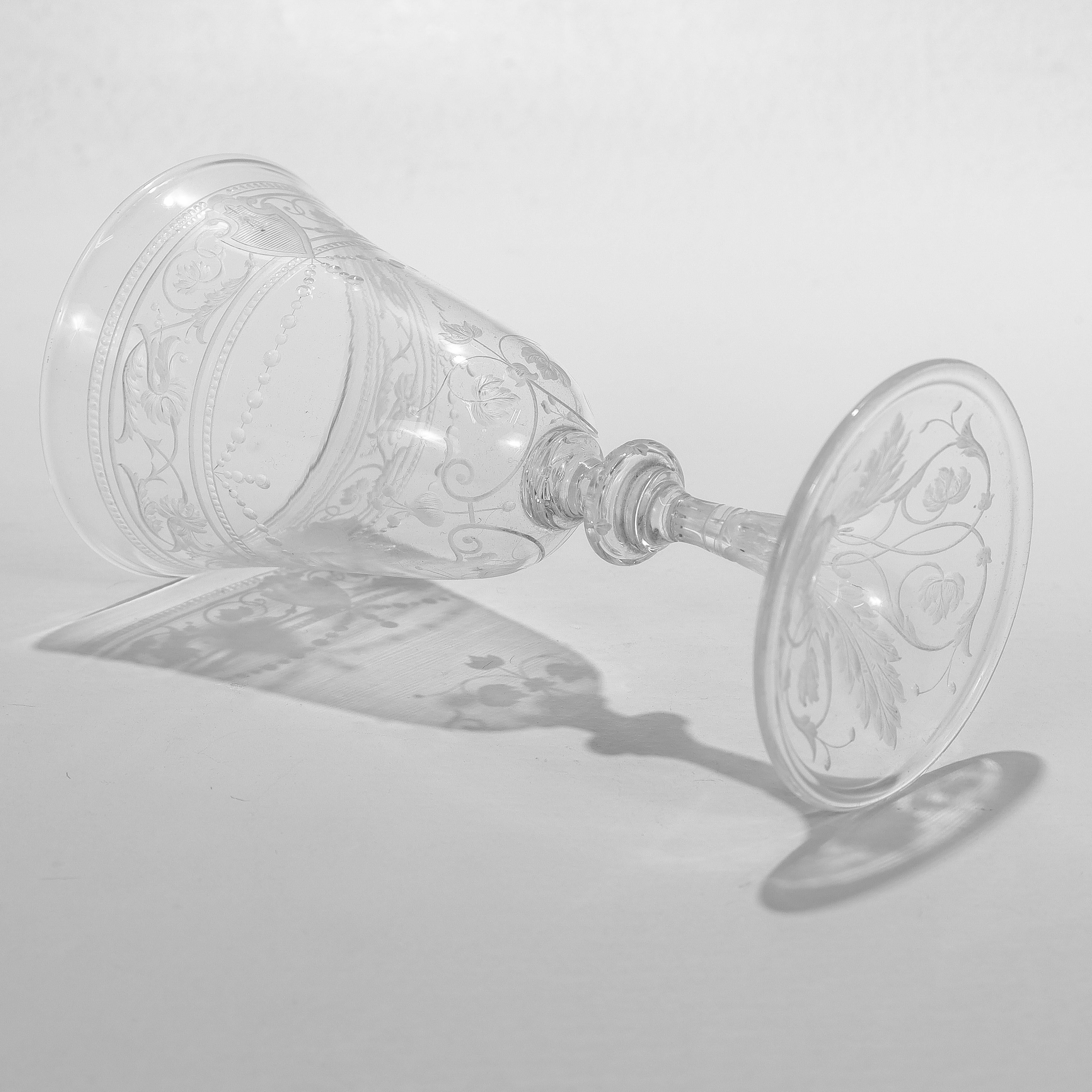 Set of 8 Antique Stourbridge Etched & Engraved Glass Wine Glasses For Sale 4