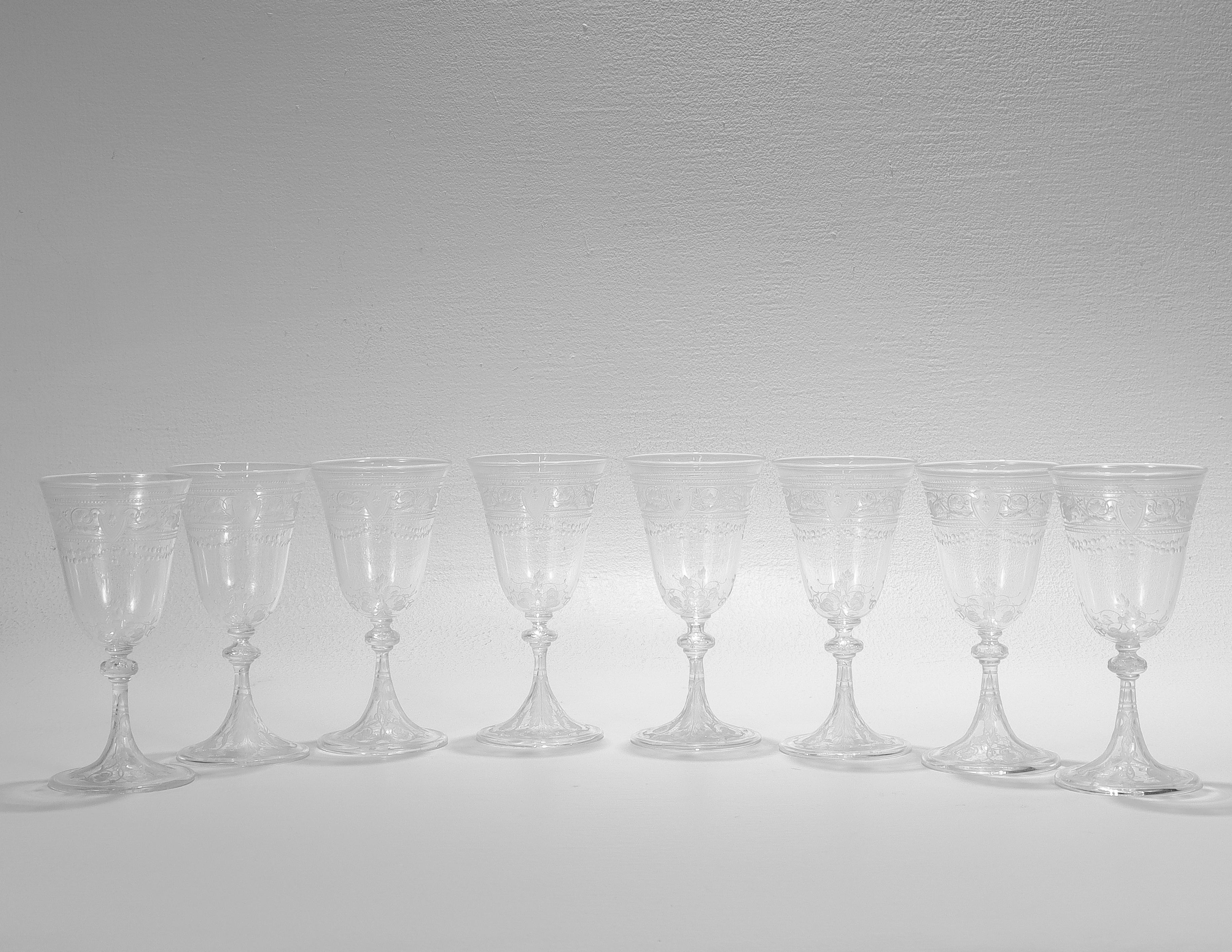 Set of 8 Antique Stourbridge Etched & Engraved Glass Wine Glasses For Sale 5