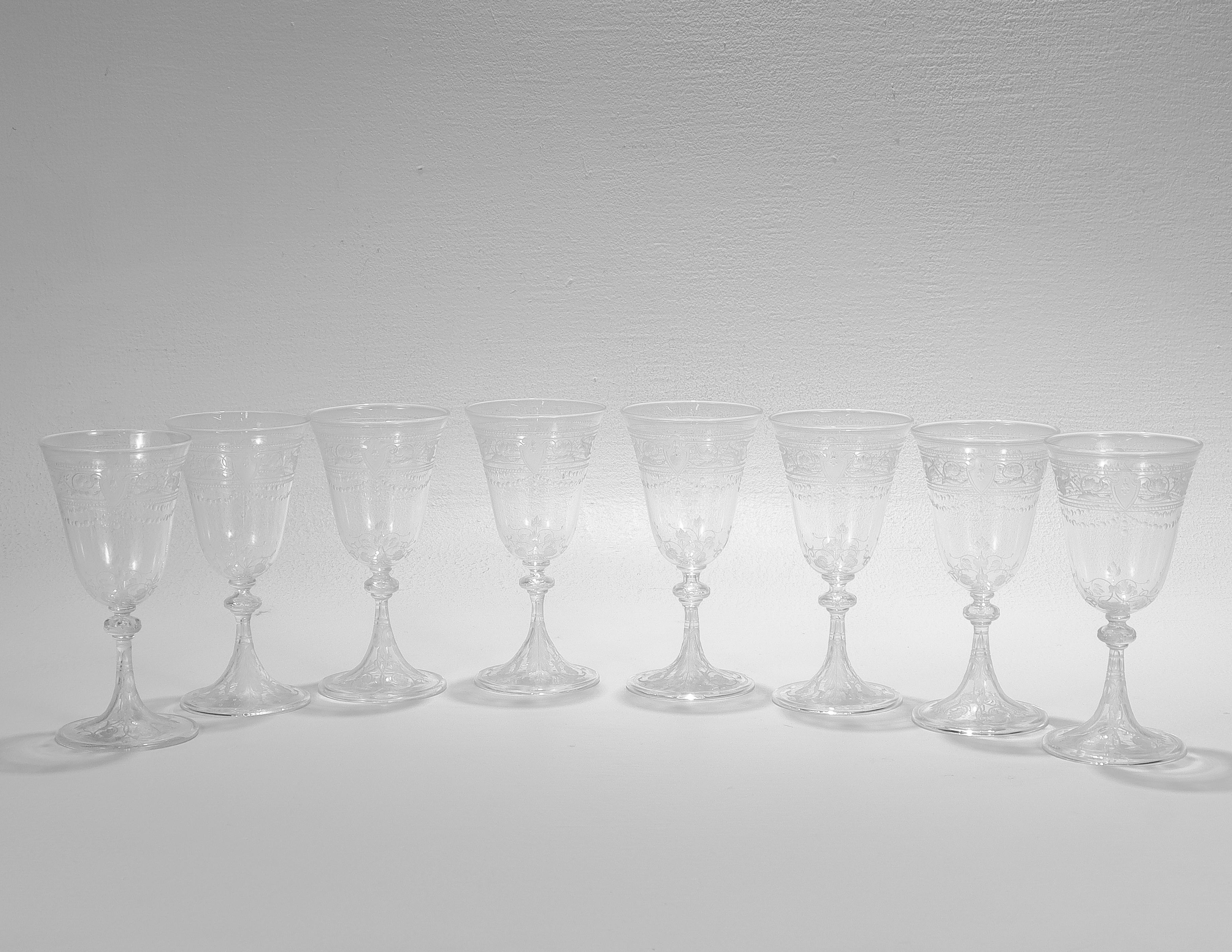 Set of 8 Antique Stourbridge Etched & Engraved Glass Wine Glasses For Sale 6