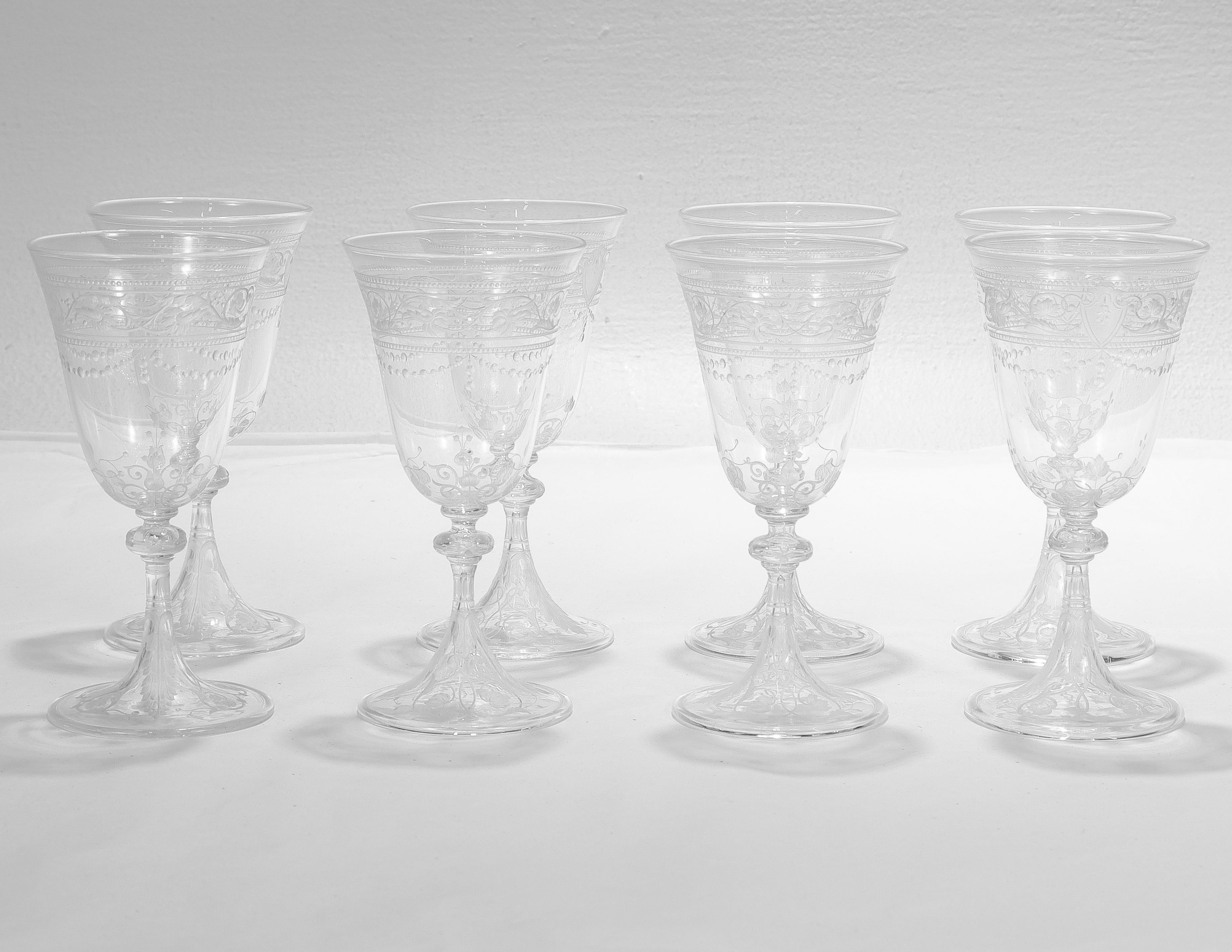Set of 8 Antique Stourbridge Etched & Engraved Glass Wine Glasses For Sale 8