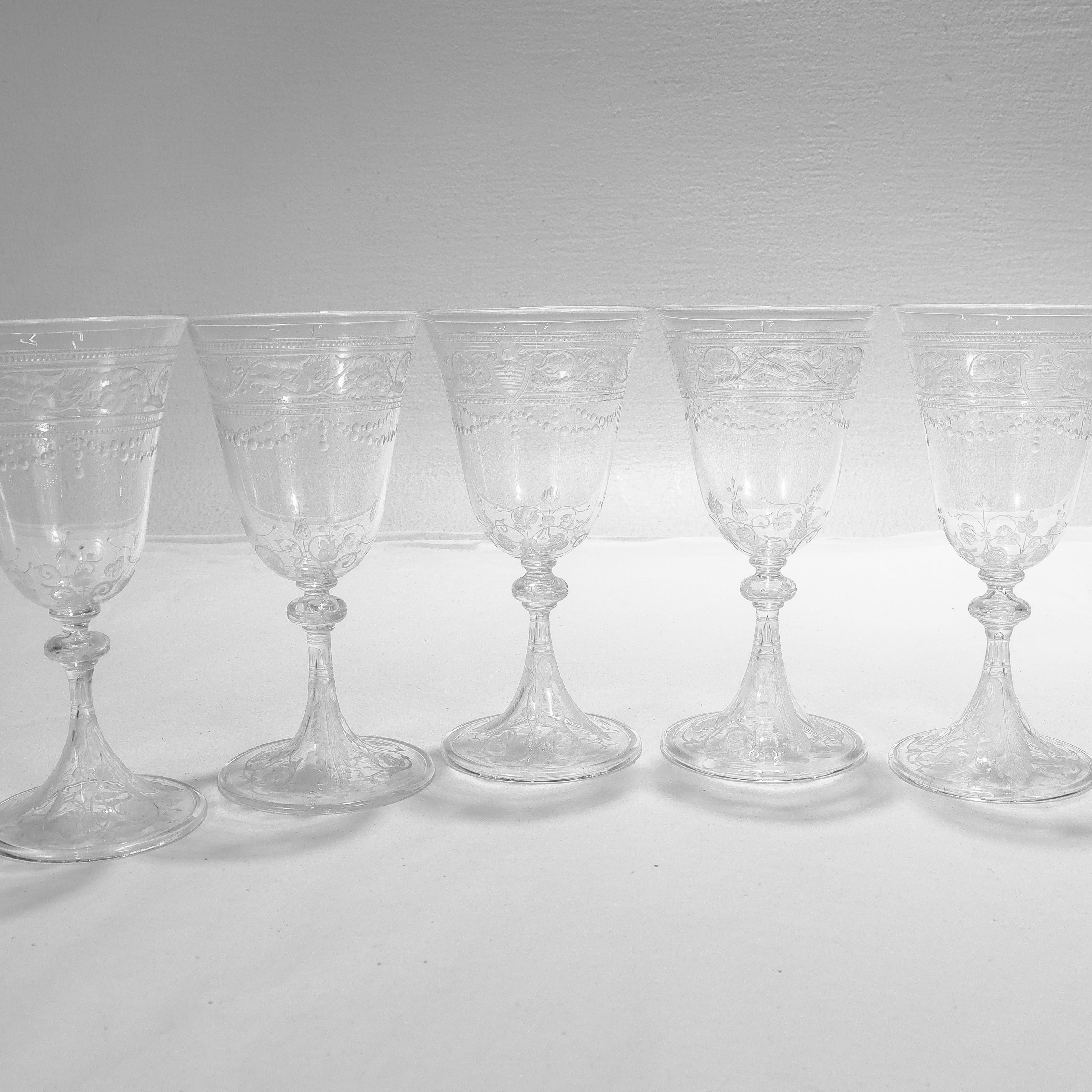 Set of 8 Antique Stourbridge Etched & Engraved Glass Wine Glasses For Sale 9