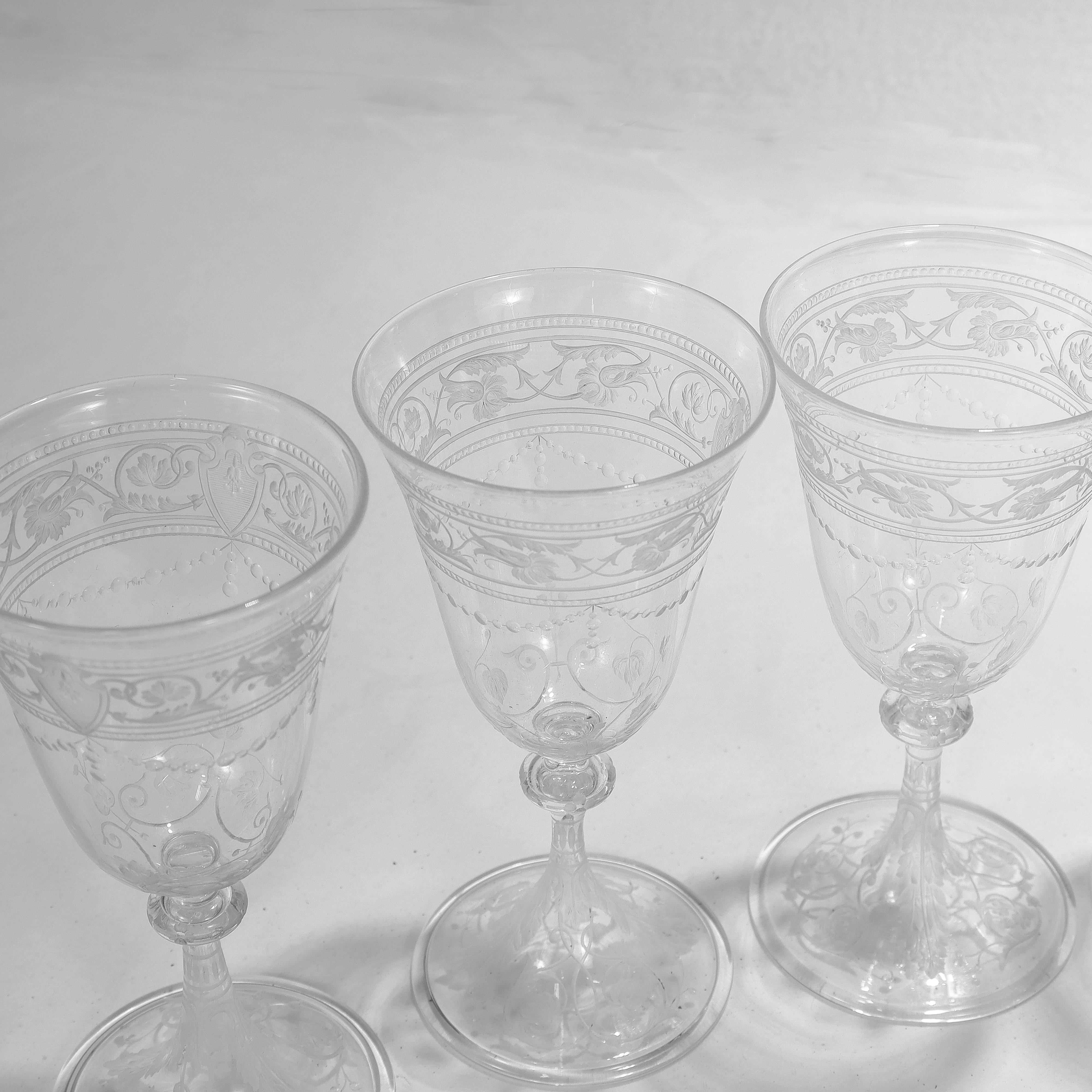 Set of 8 Antique Stourbridge Etched & Engraved Glass Wine Glasses For Sale 11