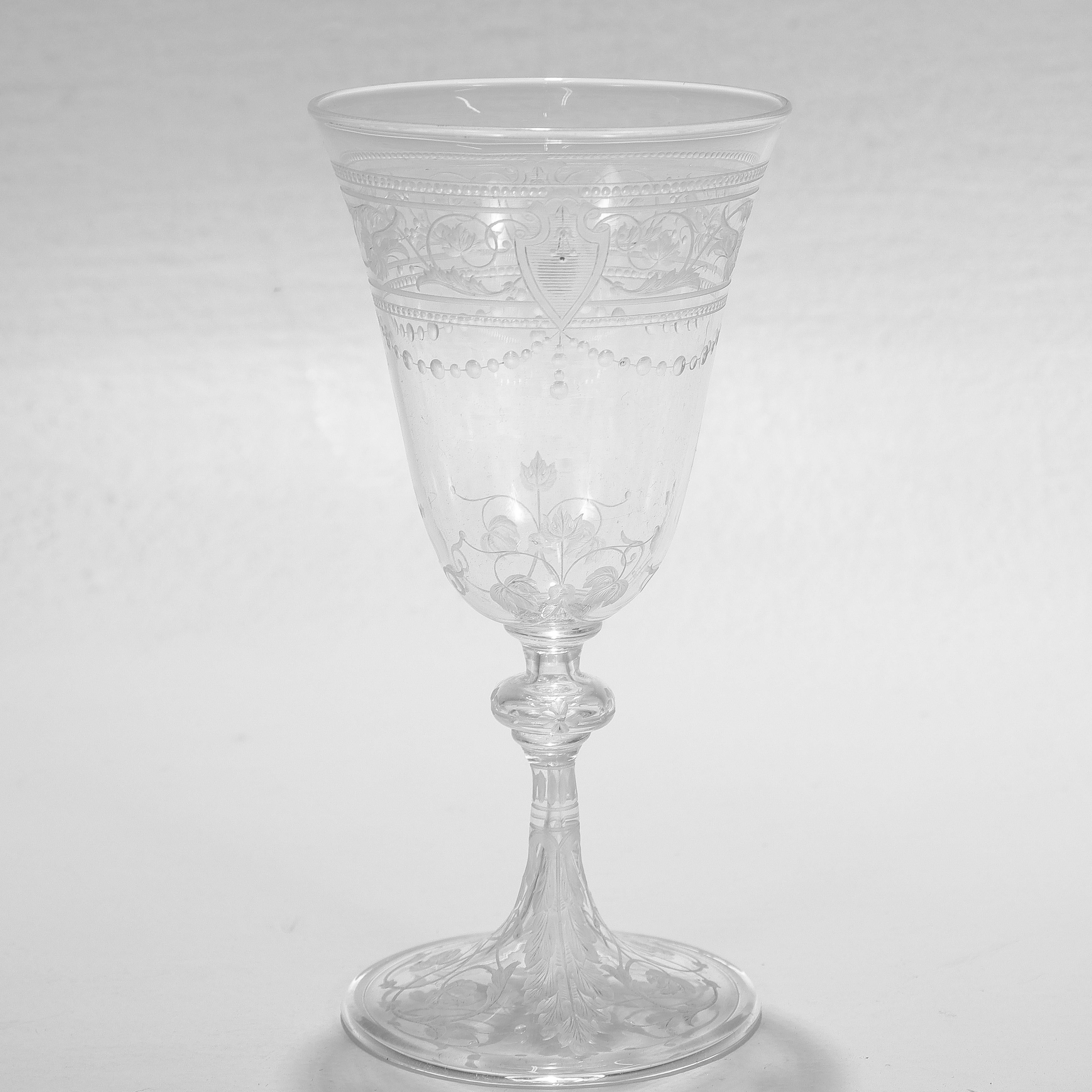 Victorian Set of 8 Antique Stourbridge Etched & Engraved Glass Wine Glasses For Sale
