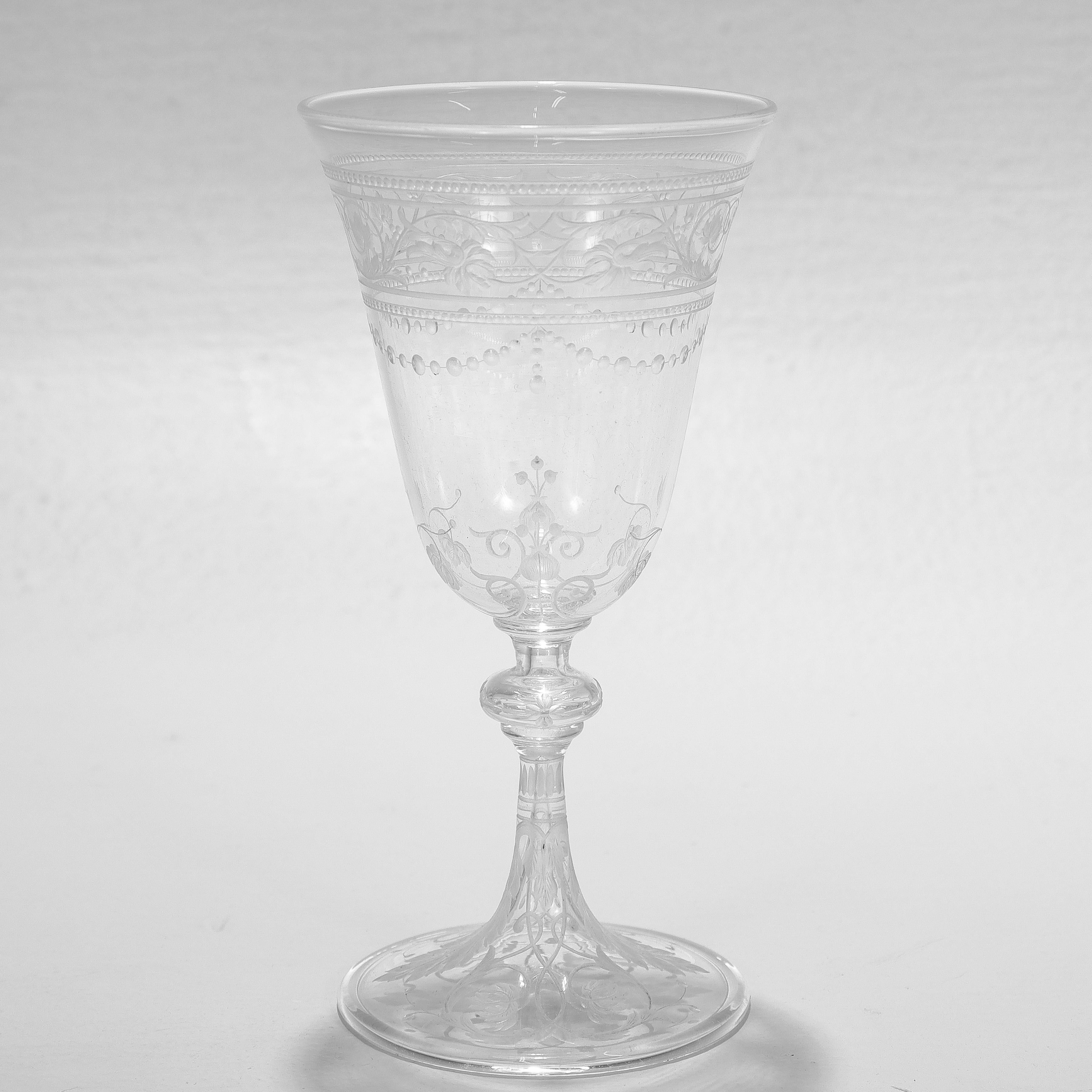 English Set of 8 Antique Stourbridge Etched & Engraved Glass Wine Glasses For Sale