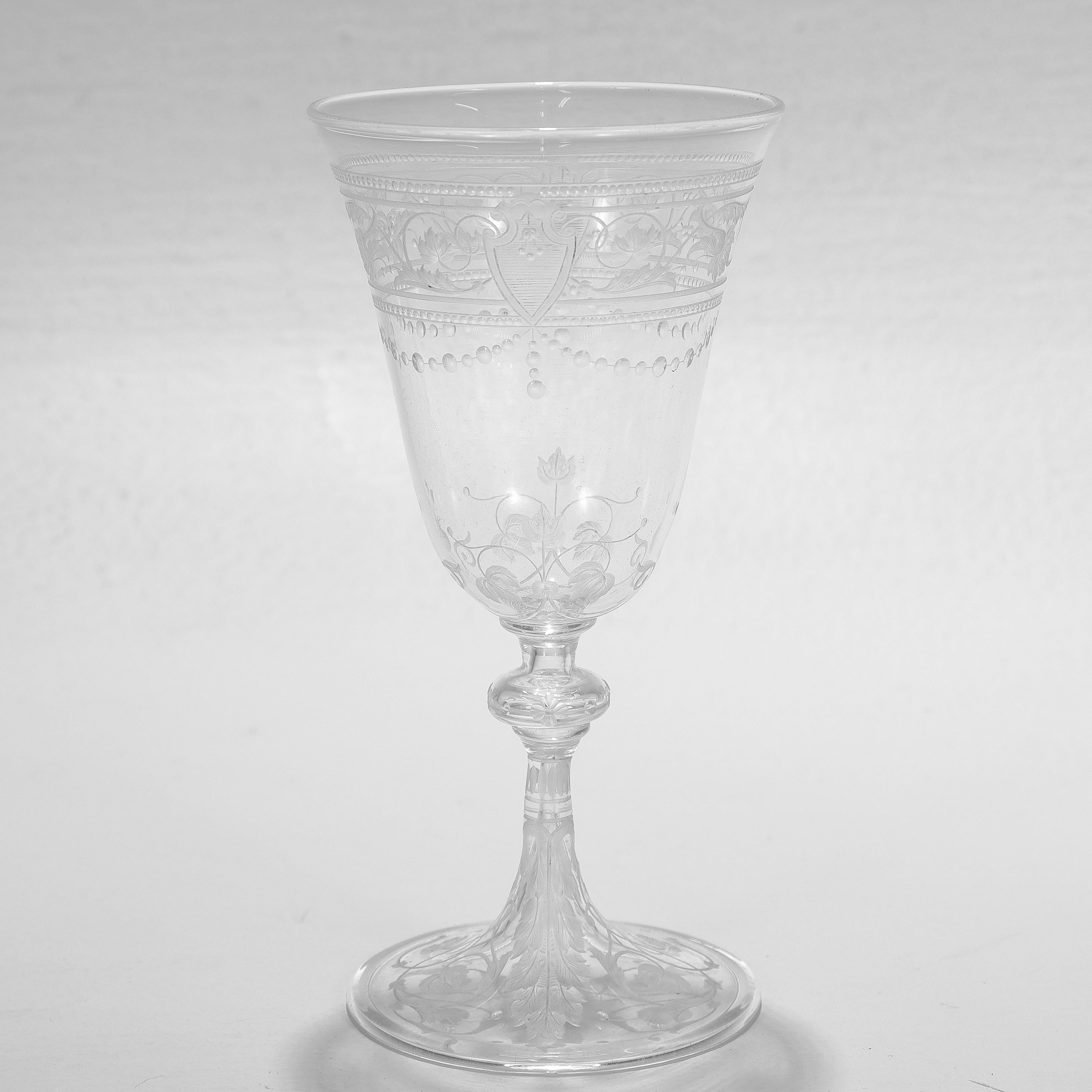 Set of 8 Antique Stourbridge Etched & Engraved Glass Wine Glasses In Good Condition For Sale In Philadelphia, PA