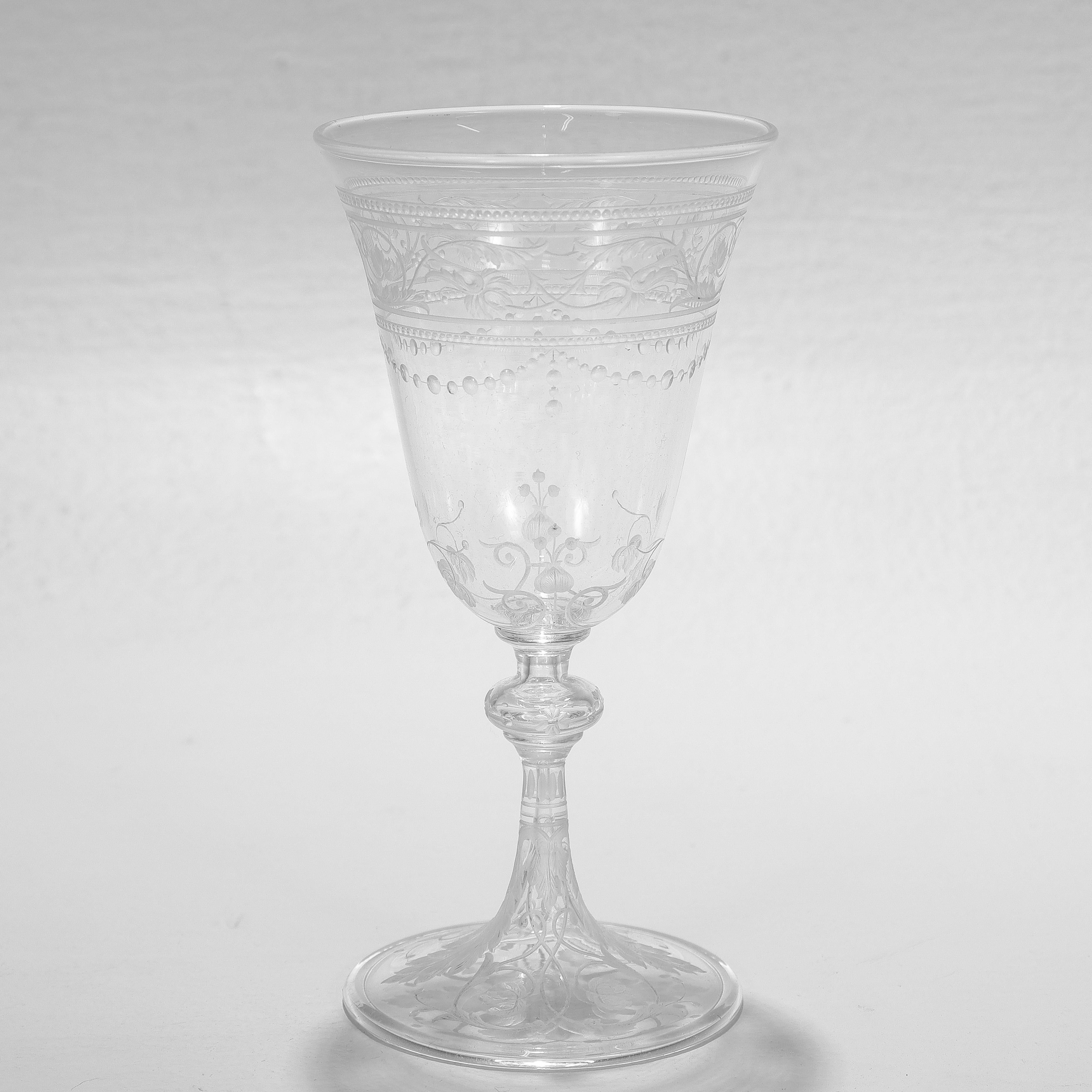 20th Century Set of 8 Antique Stourbridge Etched & Engraved Glass Wine Glasses For Sale
