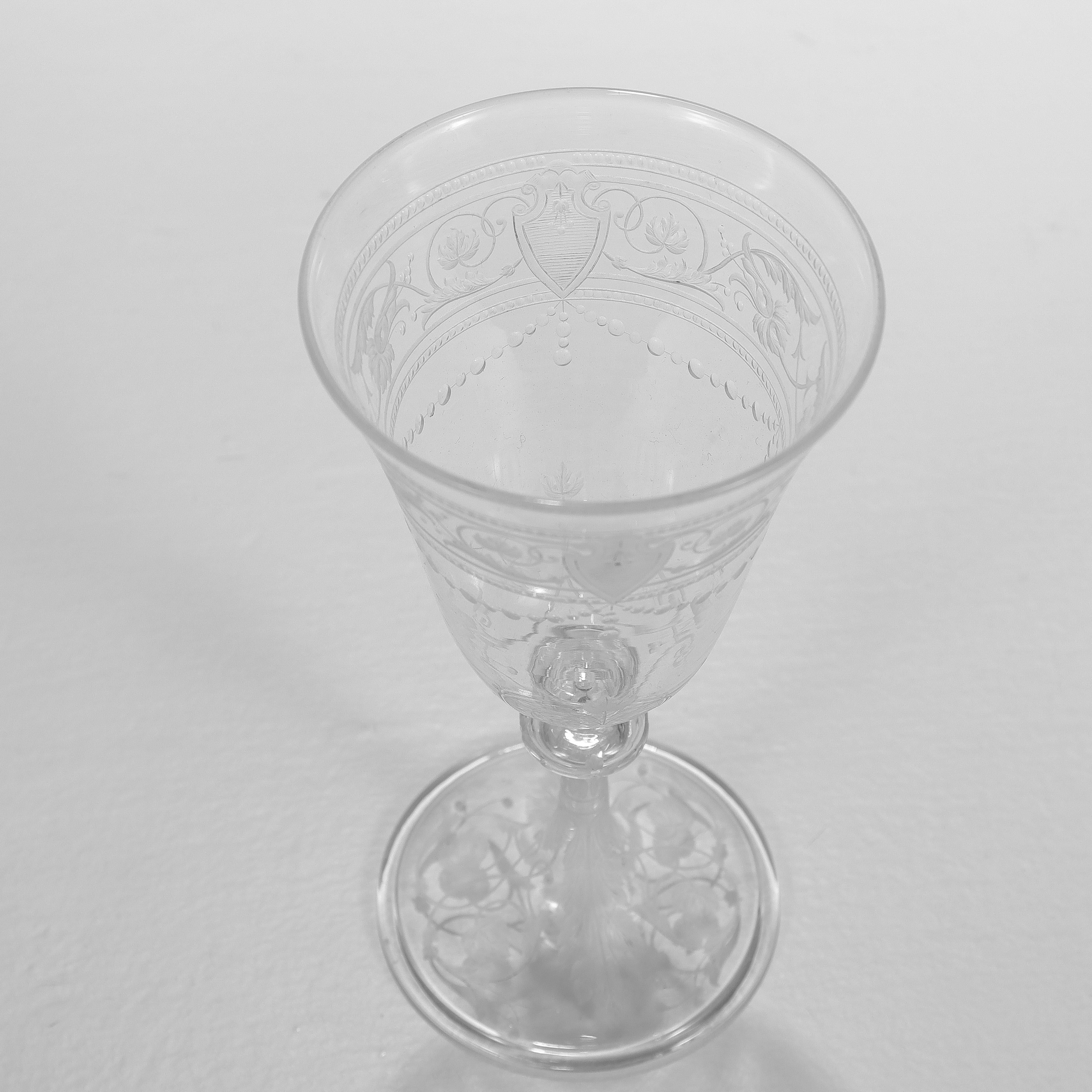 Set of 8 Antique Stourbridge Etched & Engraved Glass Wine Glasses For Sale 1