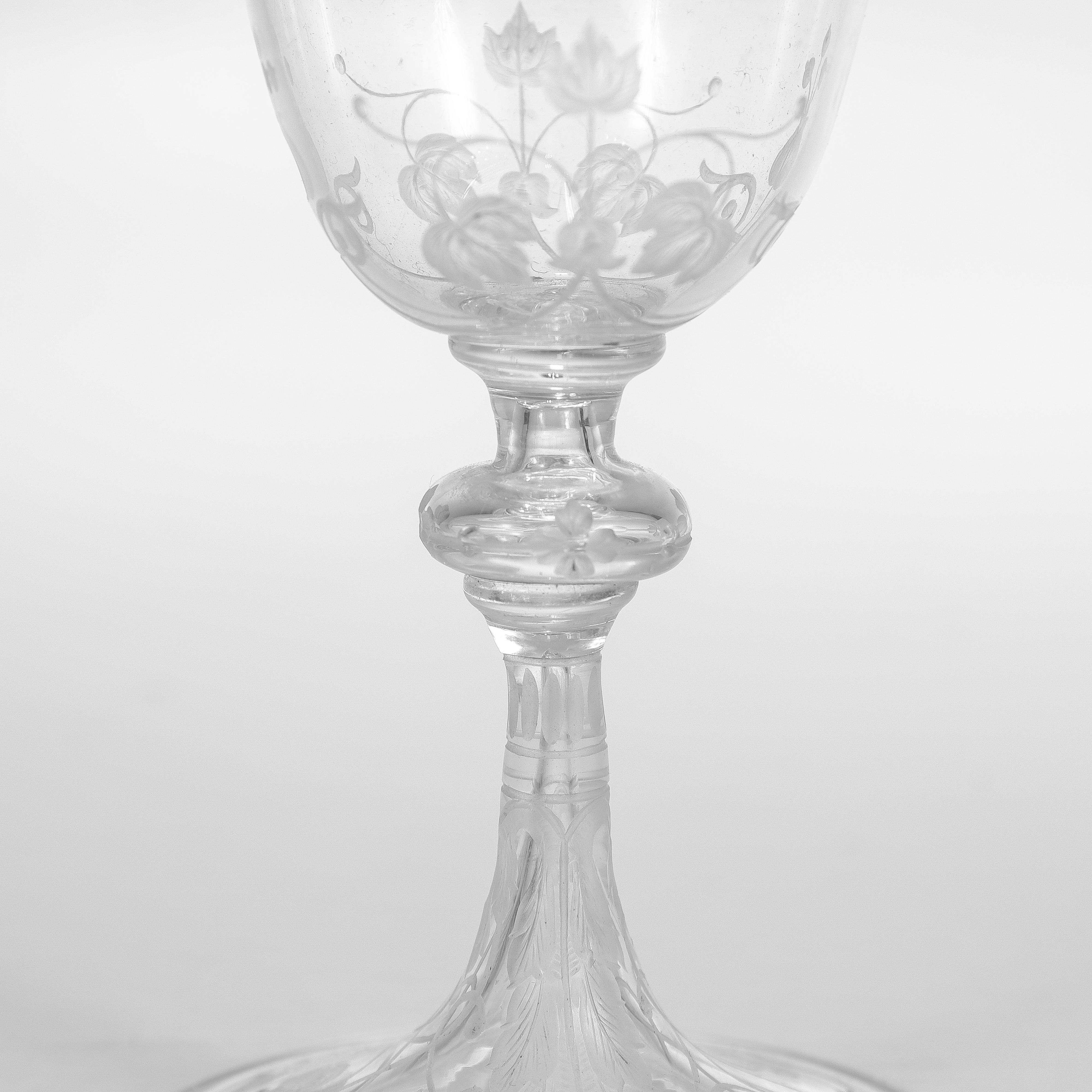 Set of 8 Antique Stourbridge Etched & Engraved Glass Wine Glasses For Sale 2