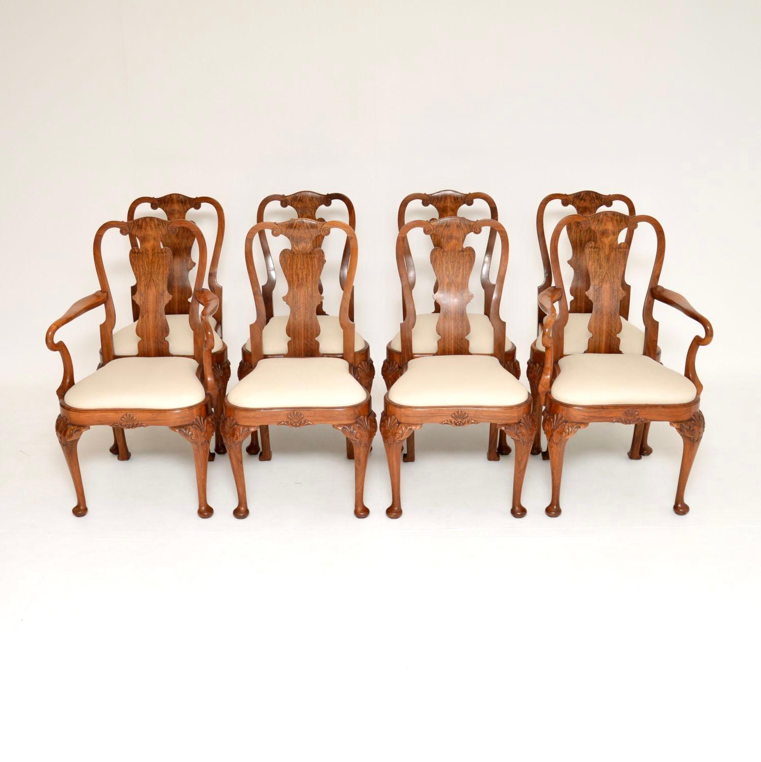 An absolutely stunning set of eight antique walnut dining chairs in the Queen Anne style. These were made in England, they date from around the 1920-30’s.

The quality is superb, these have an absolutely gorgeous design and look amazing from all