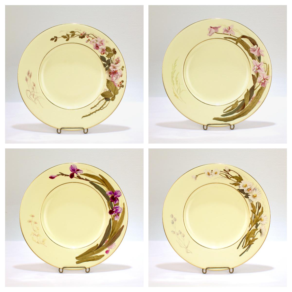 An incredibly fine set of 8 Worcester porcelain plates.

With raised, enameled flowers to the borders on a custard colored ground. 

Each flower is layered. The bottom layer has painted leaves, stems, and foliage. The top layers include
