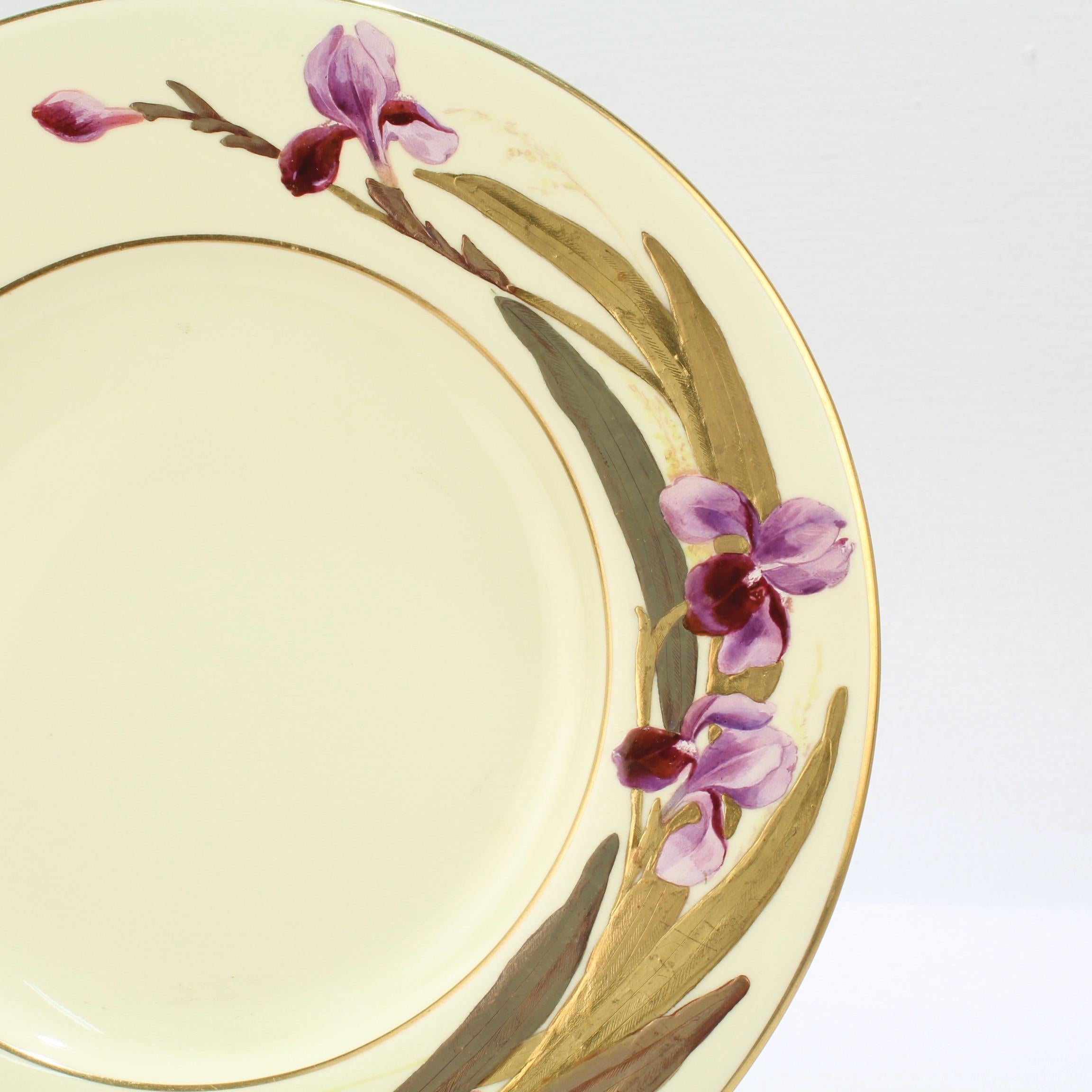 Gilt Set of 8 Antique Worcester Porcelain Cabinet Plates with Enamel Flowers For Sale