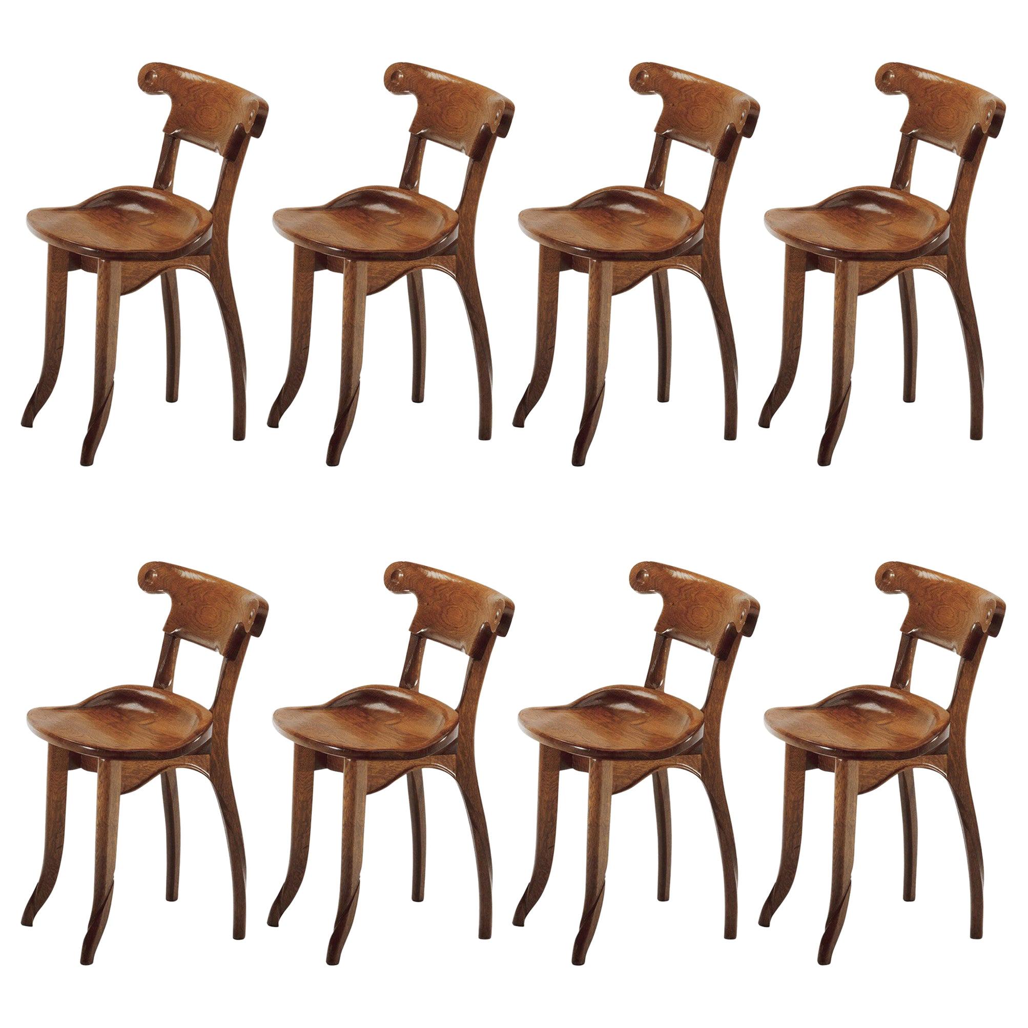 Set of 8 Antoni Gaudi, Jugdenstill, Solid Oak Batllo Spanish Chairs
