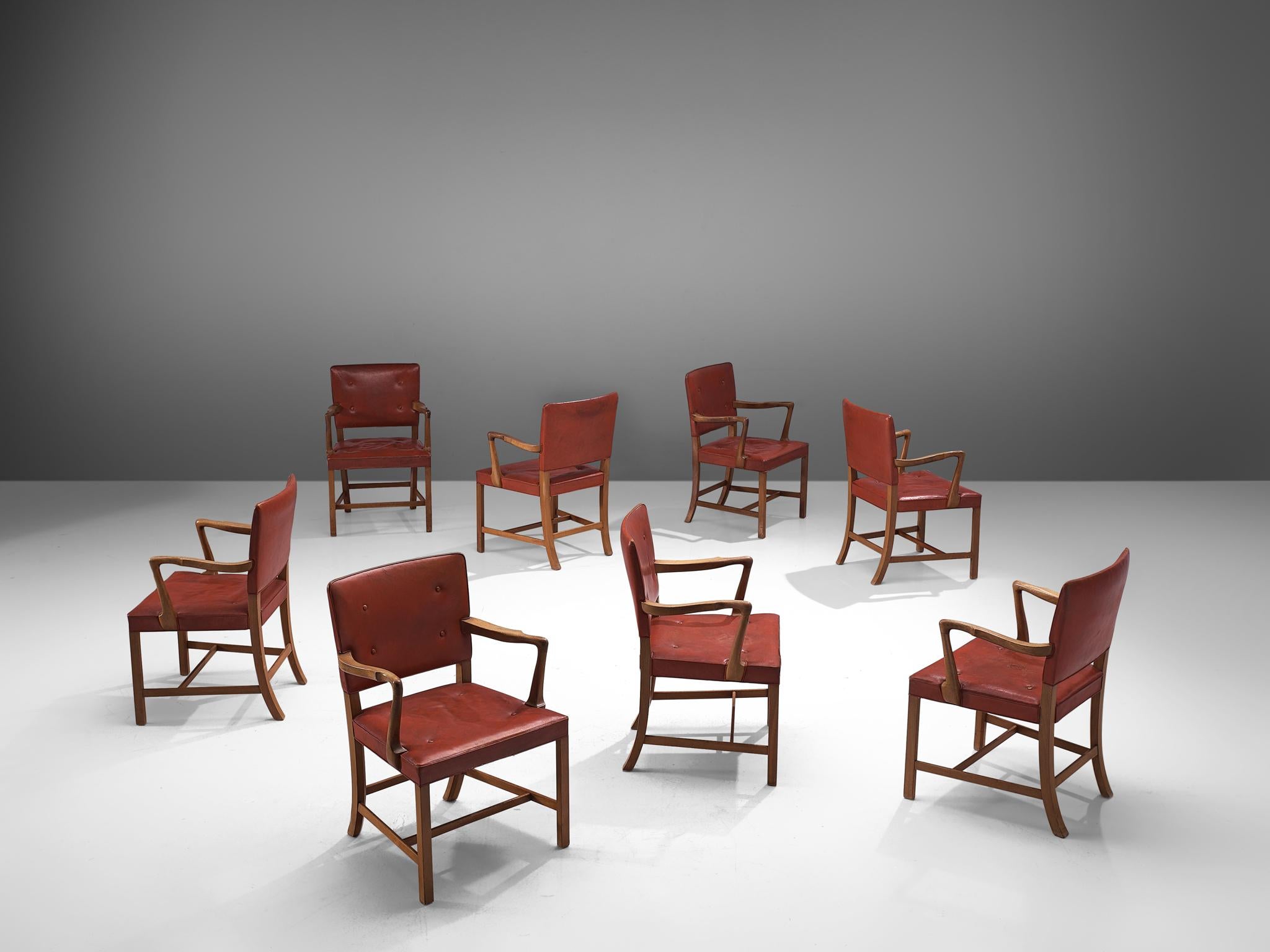 Scandinavian Modern Set of 8 Armchairs in Original Red Leather by Ole Wanscher