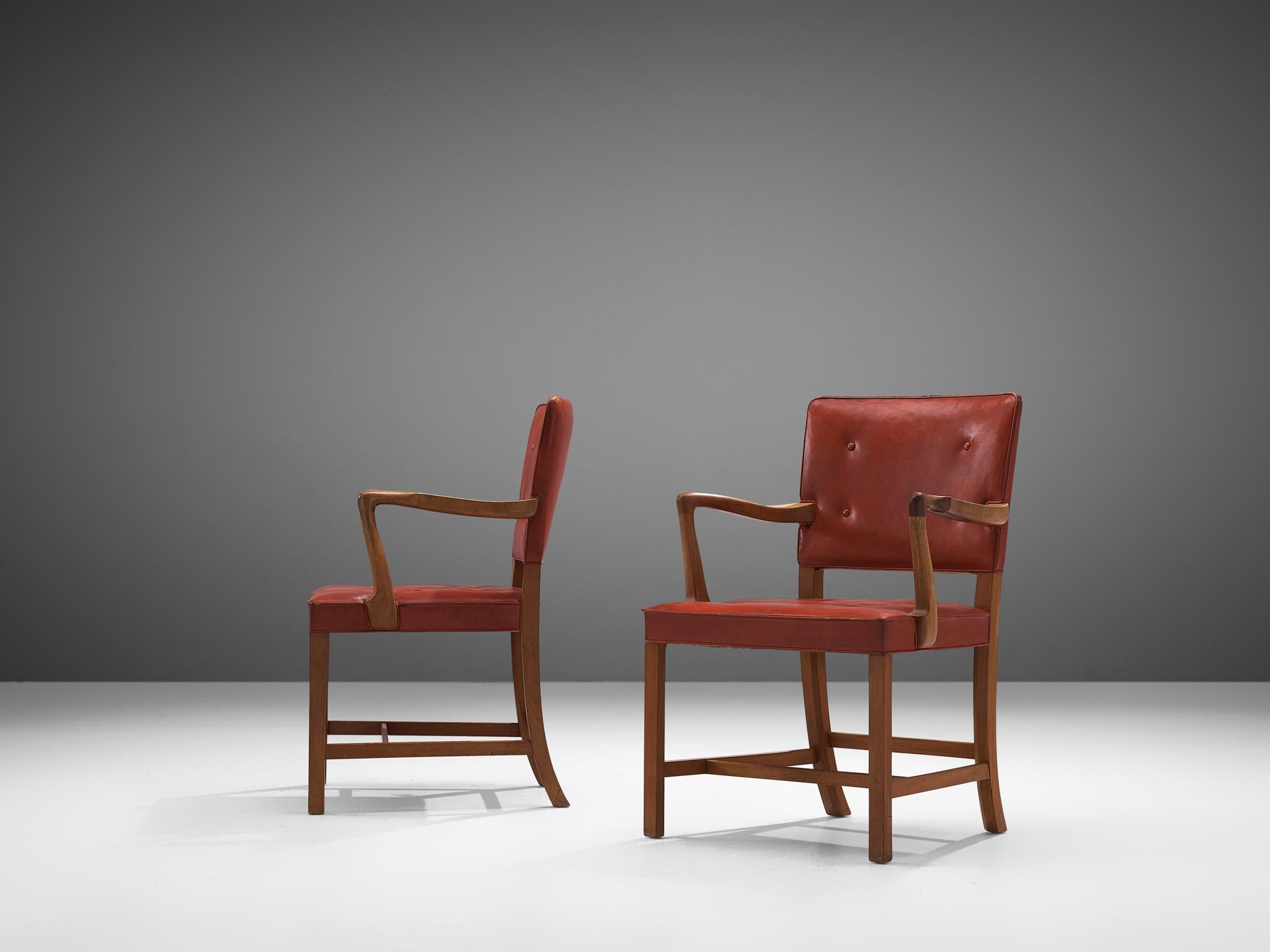 Danish Set of 8 Armchairs in Original Red Leather by Ole Wanscher