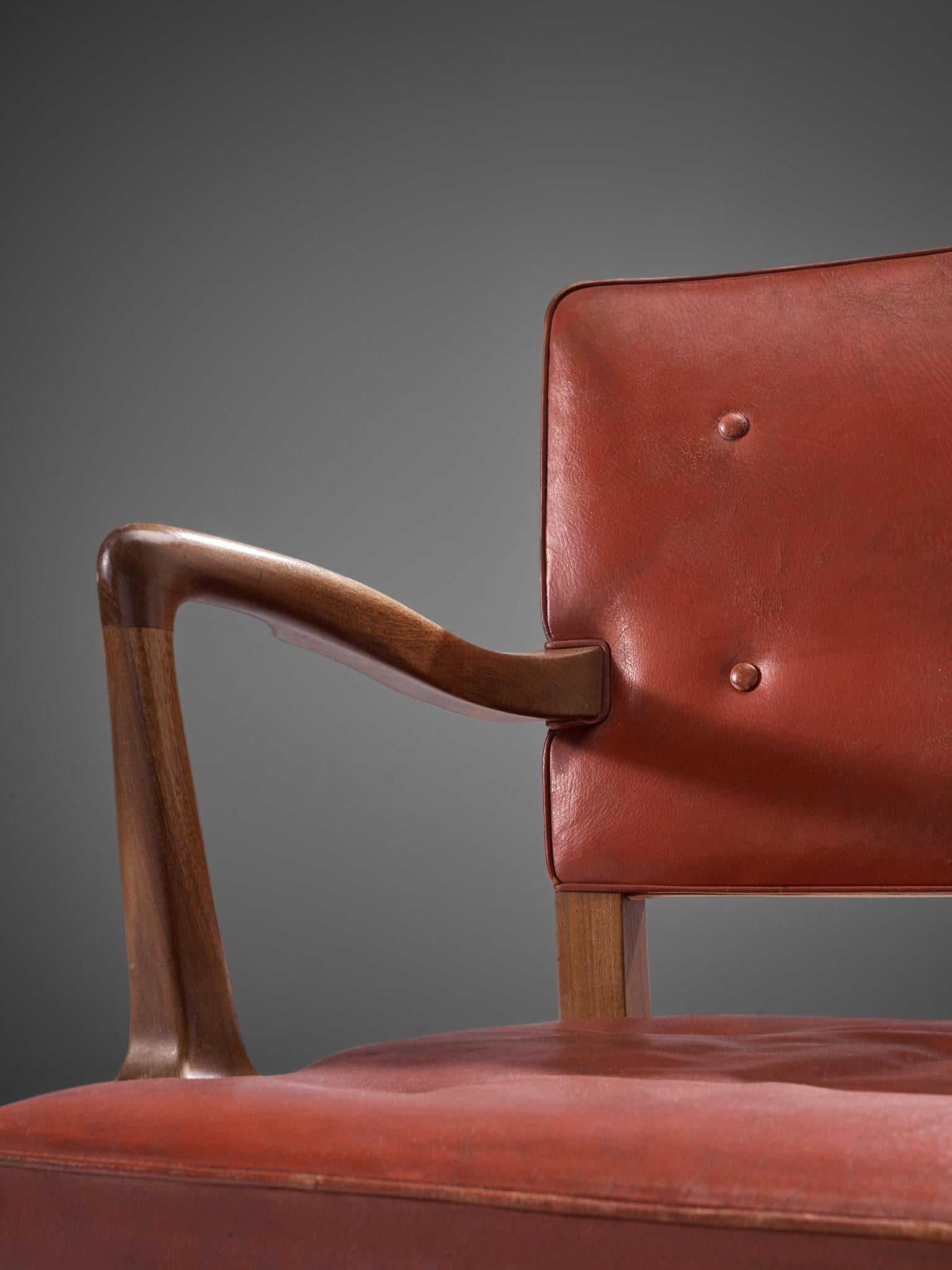 Set of 8 Armchairs in Original Red Leather by Ole Wanscher 1