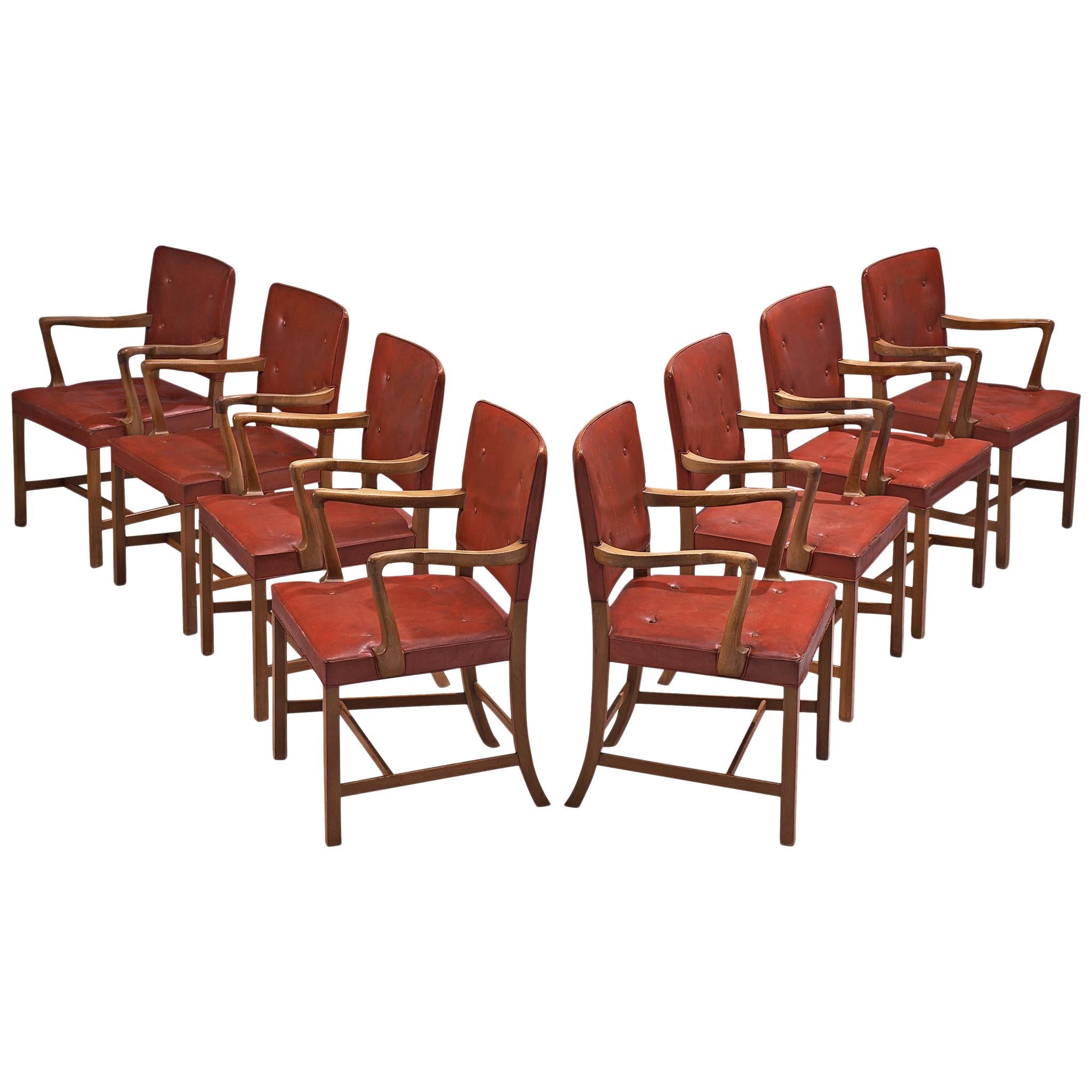 Set of 8 Armchairs in Original Red Leather by Ole Wanscher
