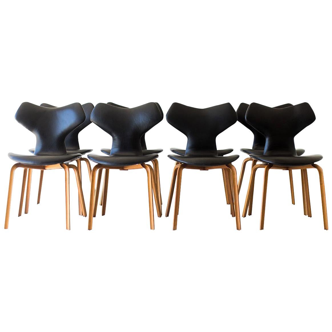 Set of 8 Arne Jacobsen Leather Grand Prix Dining Chairs for Fritz Hansen