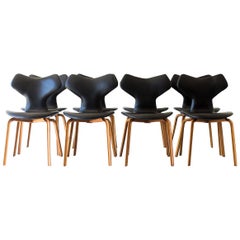 Vintage Set of 8 Arne Jacobsen Leather Grand Prix Dining Chairs for Fritz Hansen