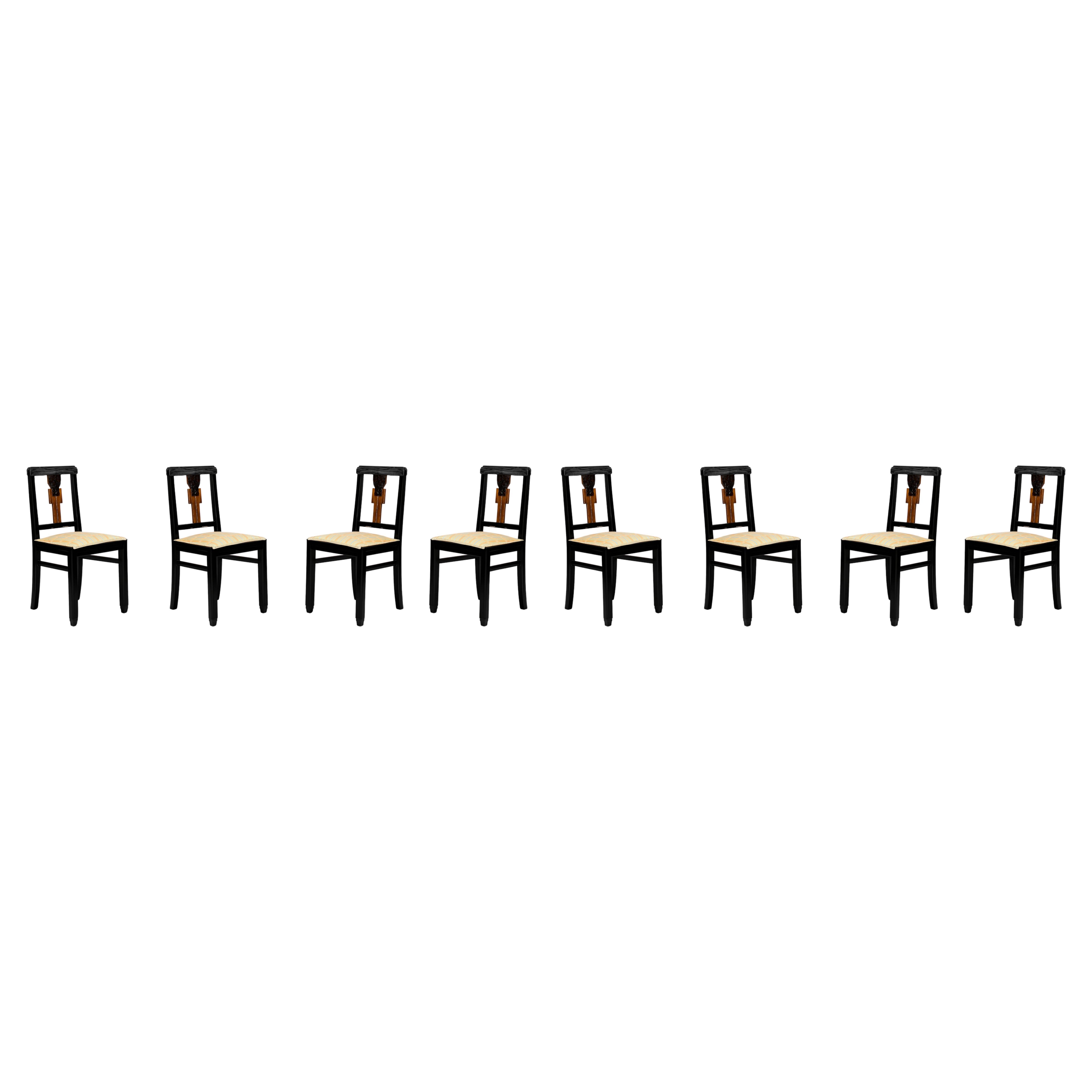 Set Of 8 Art Deco Black Lacquer Chairs, (1939-1949), Portuguese