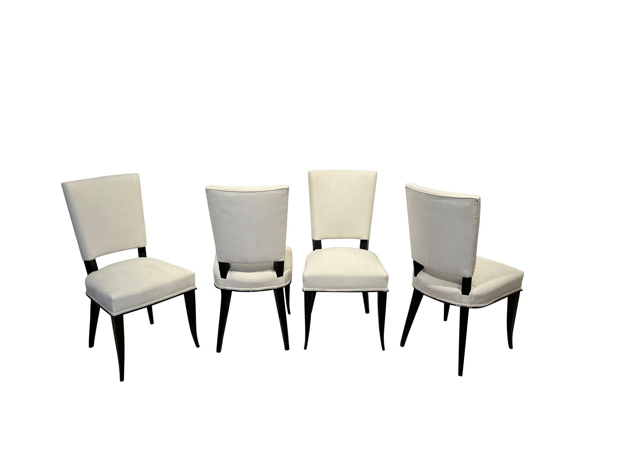 French Set of 8 Art Deco Chairs, Black Lacquer, Creme Velour, France circa 1930 For Sale