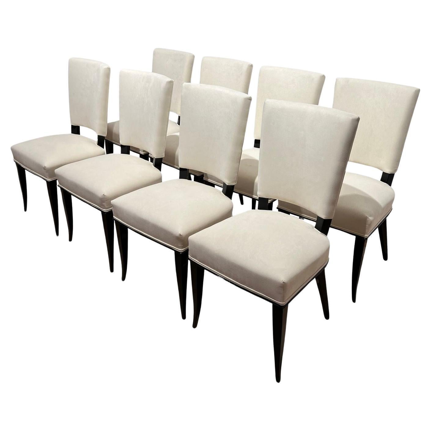 Set of 8 Art Deco Chairs, Black Lacquer, Creme Velour, France circa 1930 For Sale