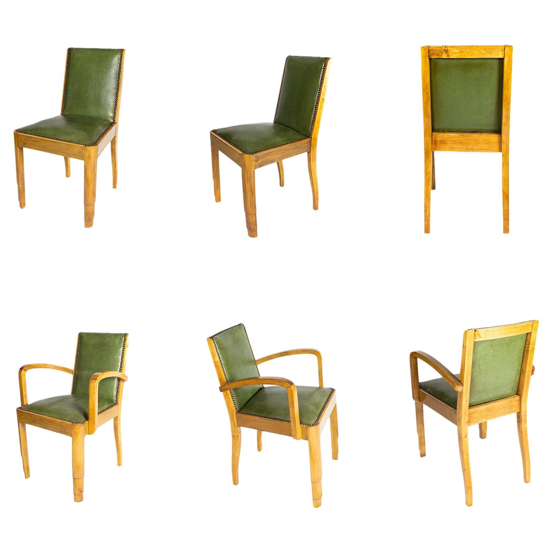 Ensemble de 8 chaises de salle à manger Art Déco françaises tapissées de cuir, 20ème siècle en vente