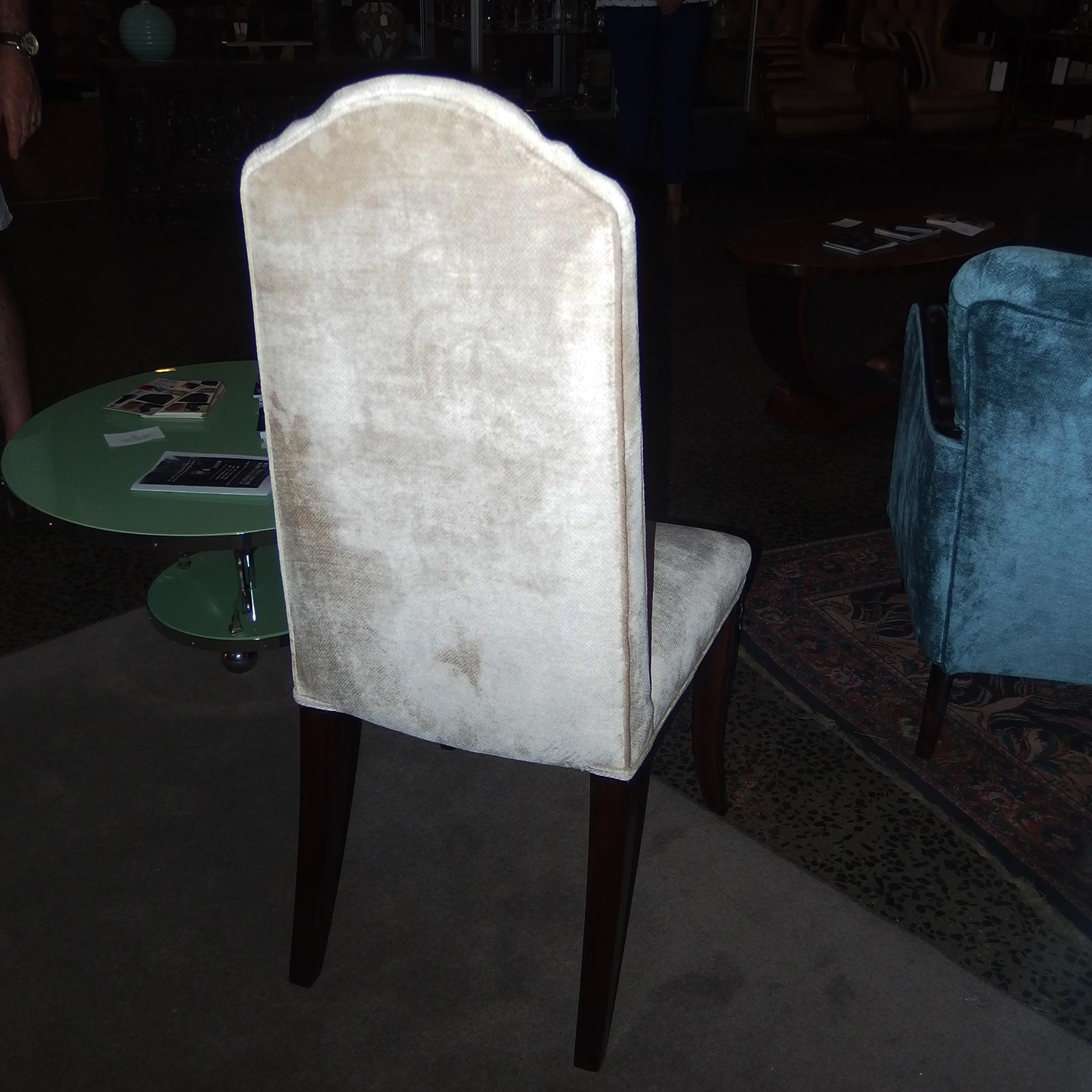 Set of eight Art Deco ivory velvet dining chairs all in perfect condition having been totally restored to original quality finish and detail. Dimensions are approx.: Height back 105cm Seat 47cm x 45cm wide x depth overall 55cm, seat 41cm.
  