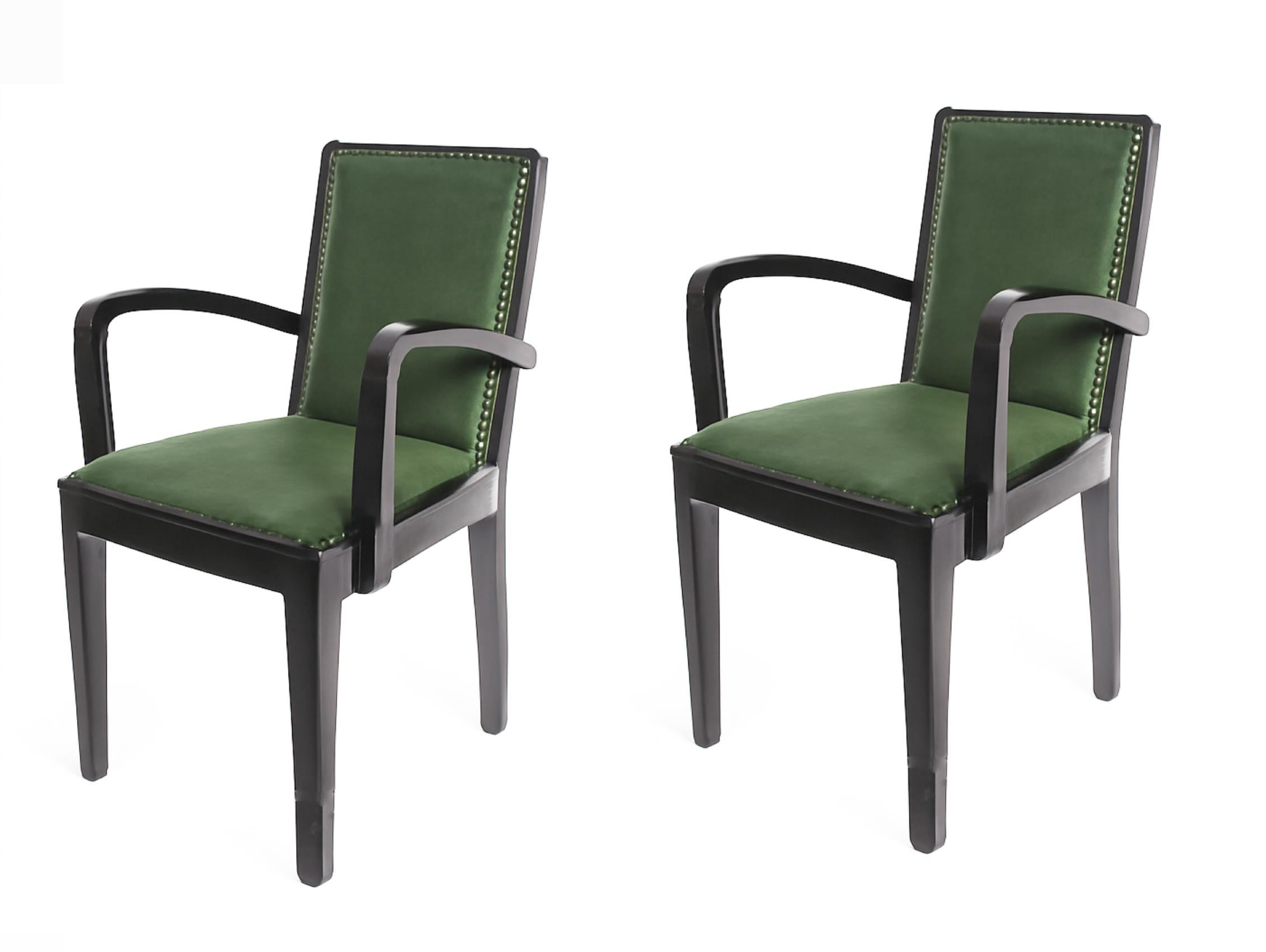 Set di 8 sedie da pranzo Art Deco in pelle laccata nera, 20° secolo in vendita 10