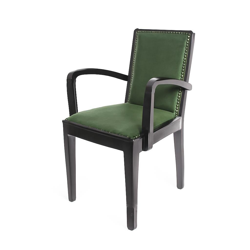 Set di 8 sedie da pranzo Art Deco in pelle laccata nera, 20° secolo in vendita 1