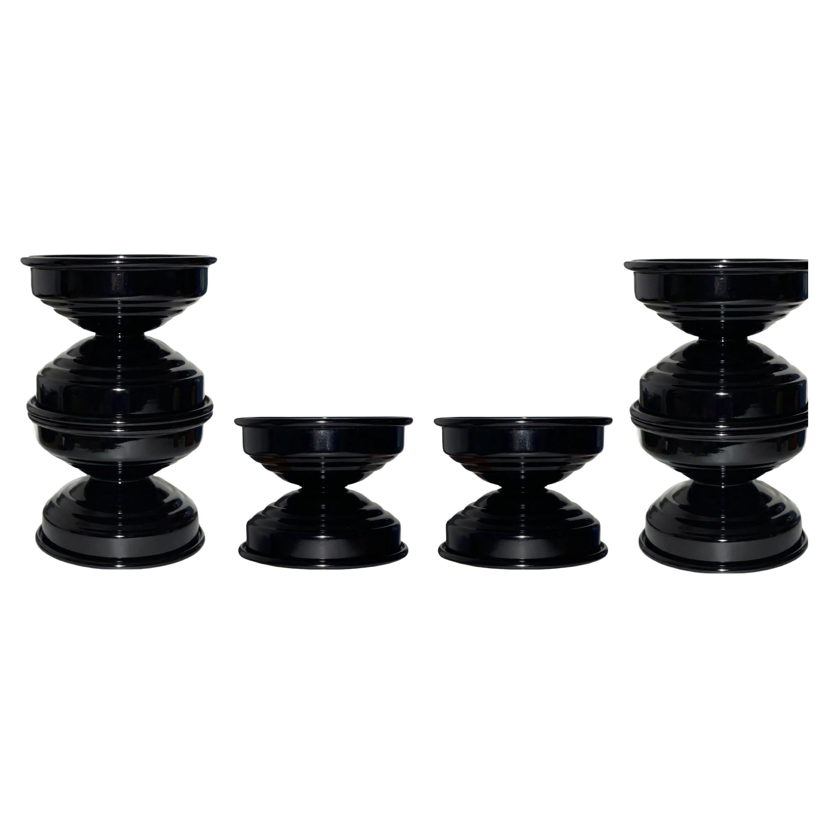 Pre-owned Caspal Set Of 8 Art Deco Licorice Black Candle Holders, Italian Contemporary Design
