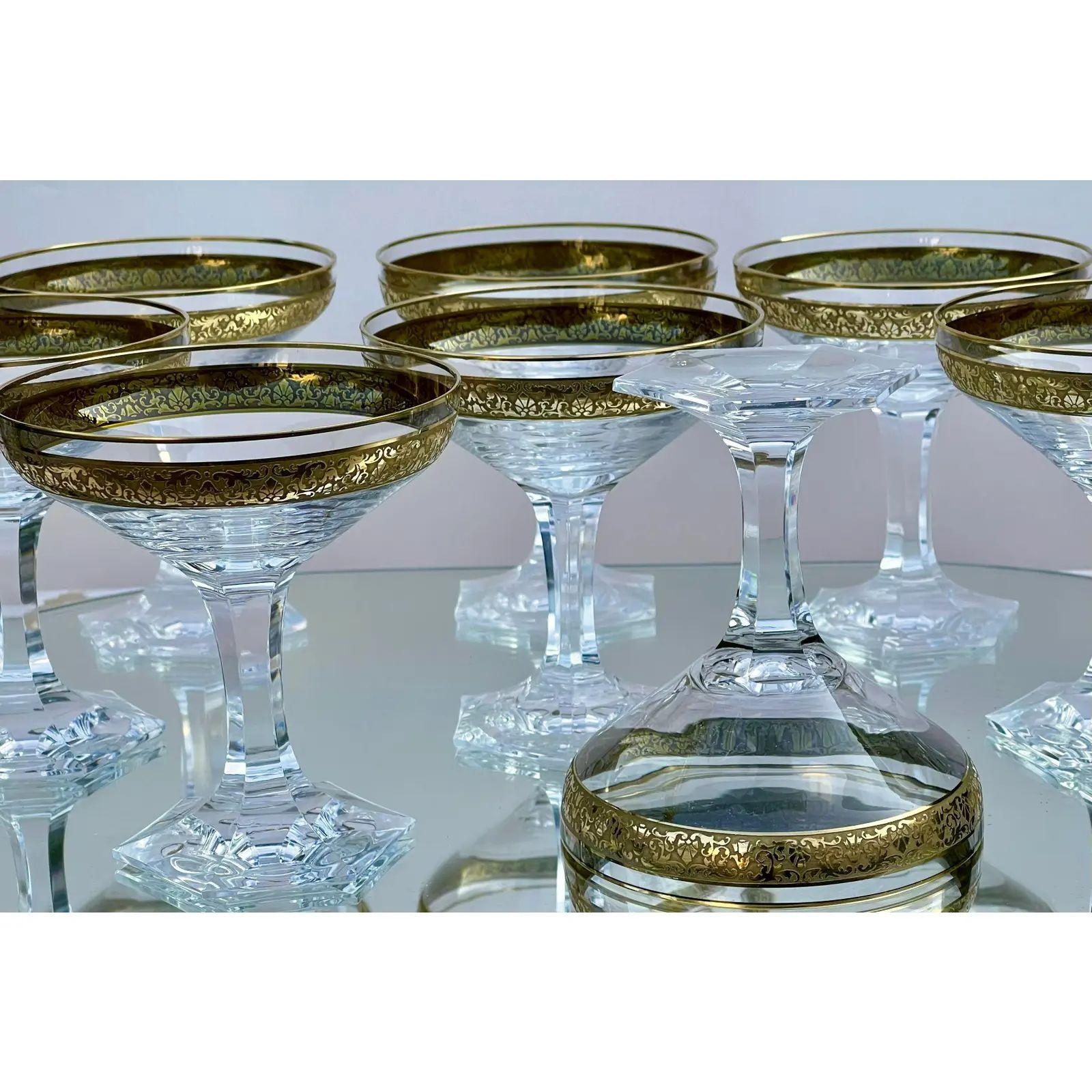 Set of 8 Art Deco Moser Gold Encrusted Crystal Champagne Coupe Wine Stems, 1980s In Good Condition In LOS ANGELES, CA