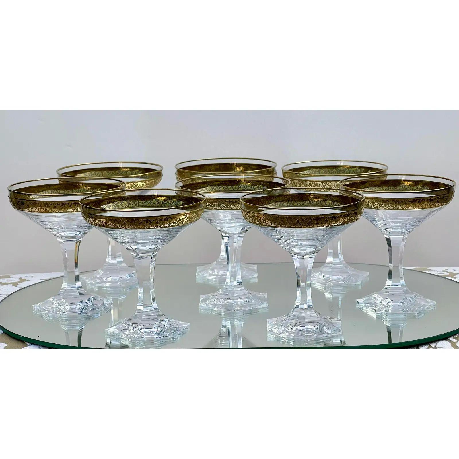 20th Century Set of 8 Art Deco Moser Gold Encrusted Crystal Champagne Coupe Wine Stems, 1980s