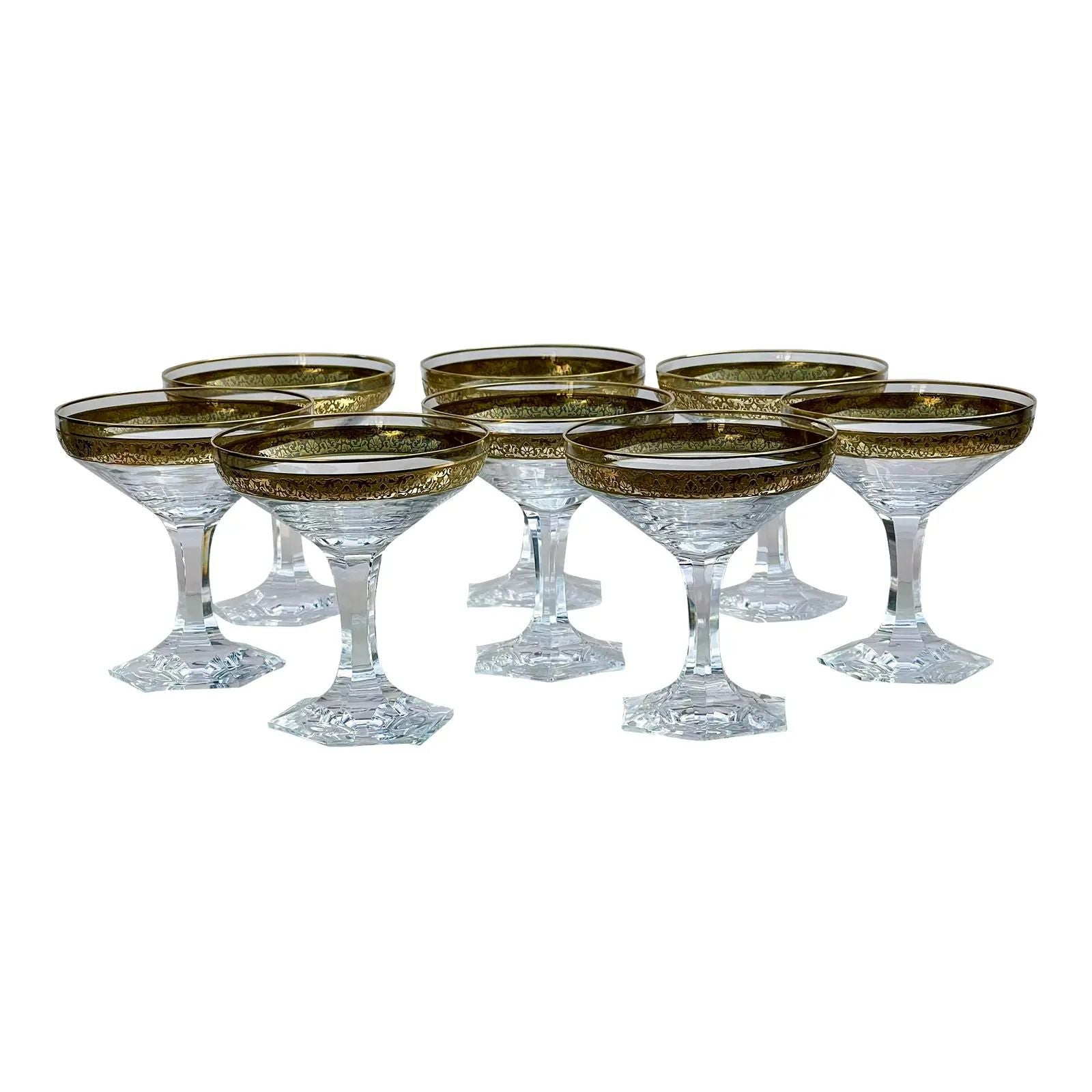 Set of 8 Art Deco Moser Gold Encrusted Crystal Champagne Coupe Wine Stems, 1980s