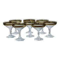 Set of 8 Art Deco Moser Gold Encrusted Crystal Champagne Coupe Wine Stems, 1980s