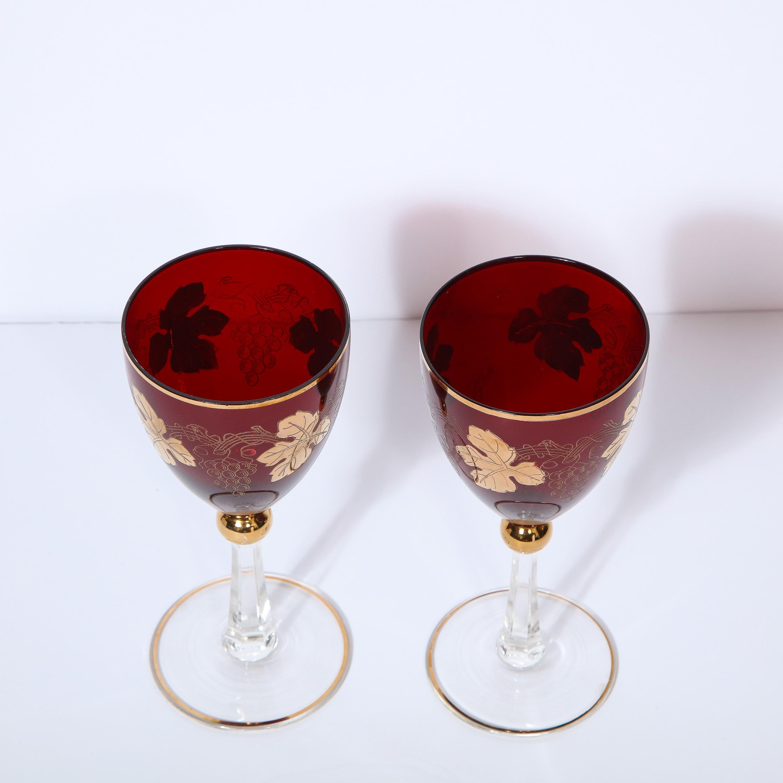 Set of 8 Art Deco Ruby & Translucent Crystal Wine Glasses with 24kt Gold Overlay For Sale 3
