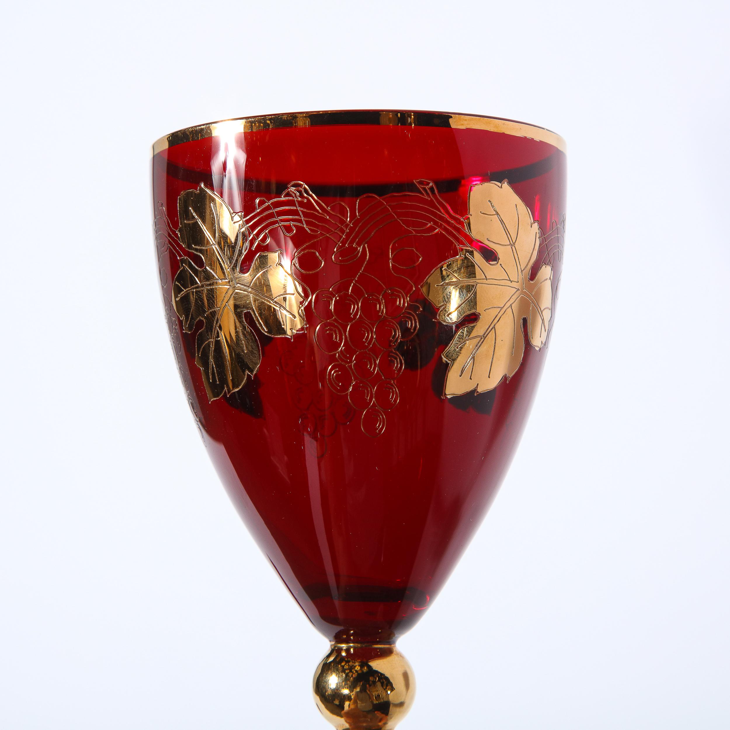 Set of 8 Art Deco Ruby & Translucent Crystal Wine Glasses with 24kt Gold Overlay For Sale 4