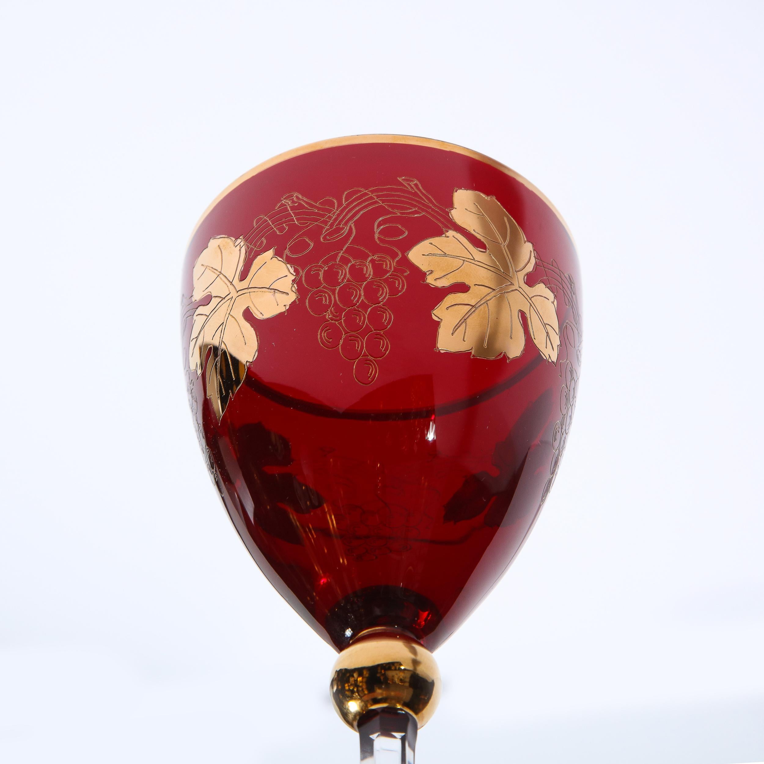 Set of 8 Art Deco Ruby & Translucent Crystal Wine Glasses with 24kt Gold Overlay For Sale 5