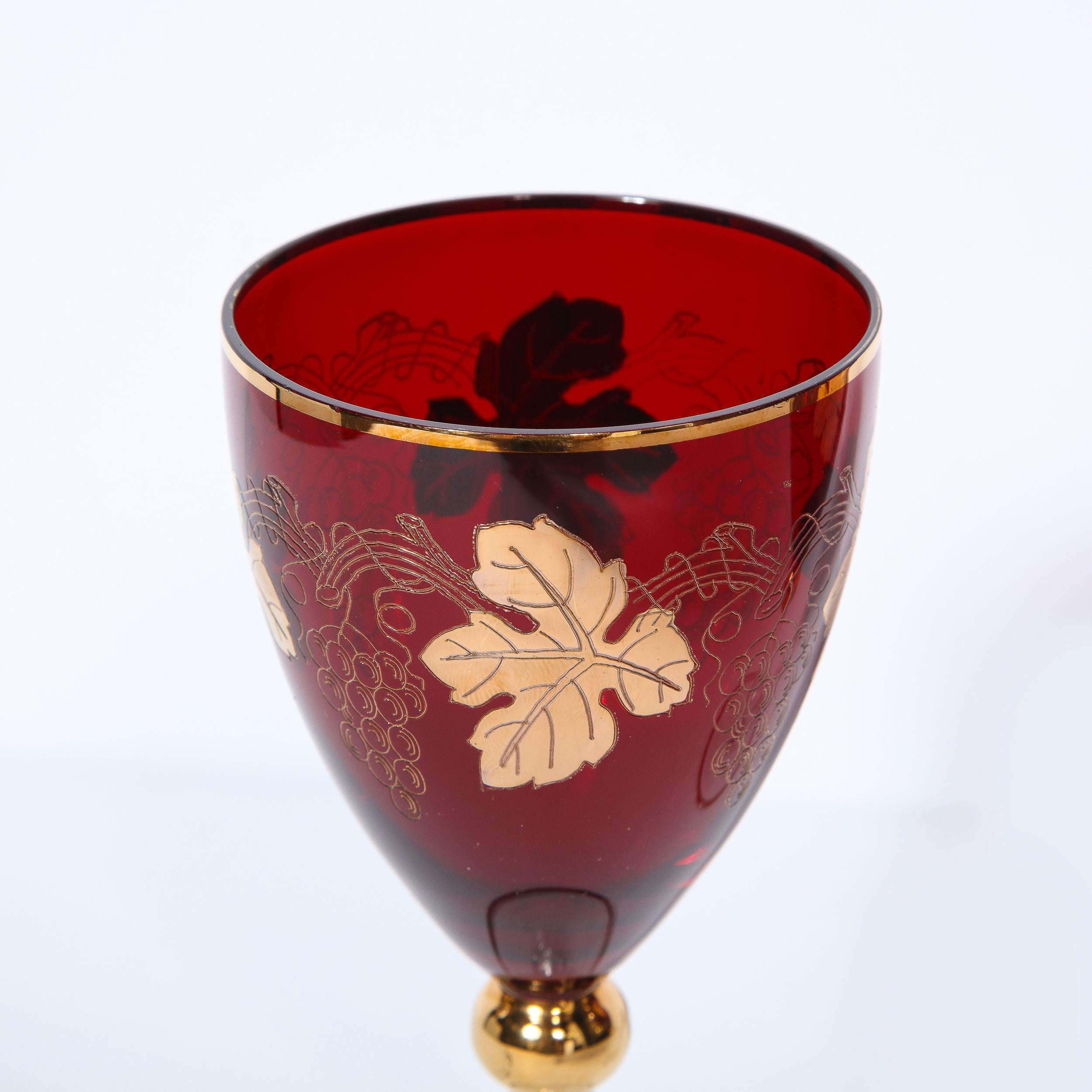 Set of 8 Art Deco Ruby & Translucent Crystal Wine Glasses with 24kt Gold Overlay For Sale 6