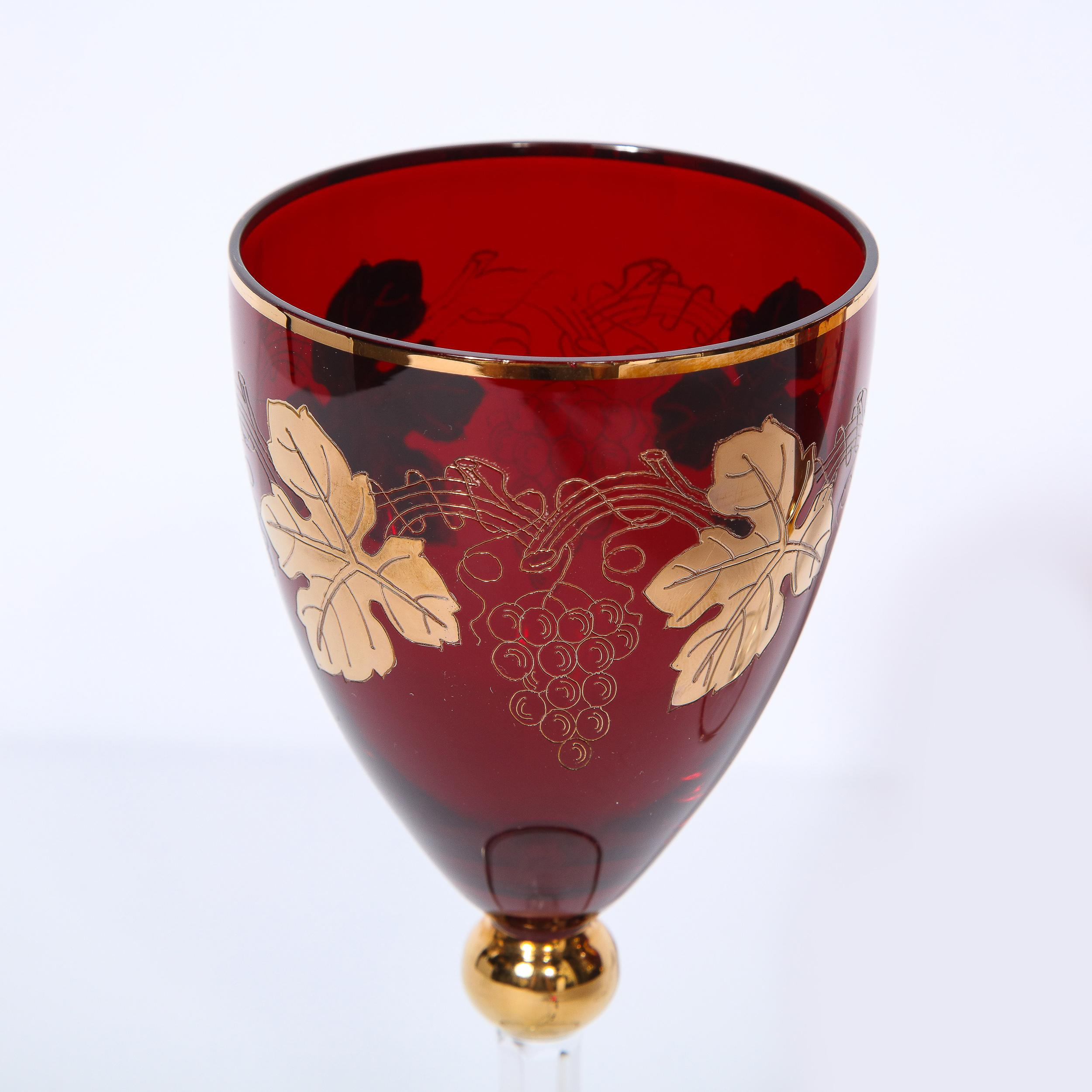 Set of 8 Art Deco Ruby & Translucent Crystal Wine Glasses with 24kt Gold Overlay For Sale 7