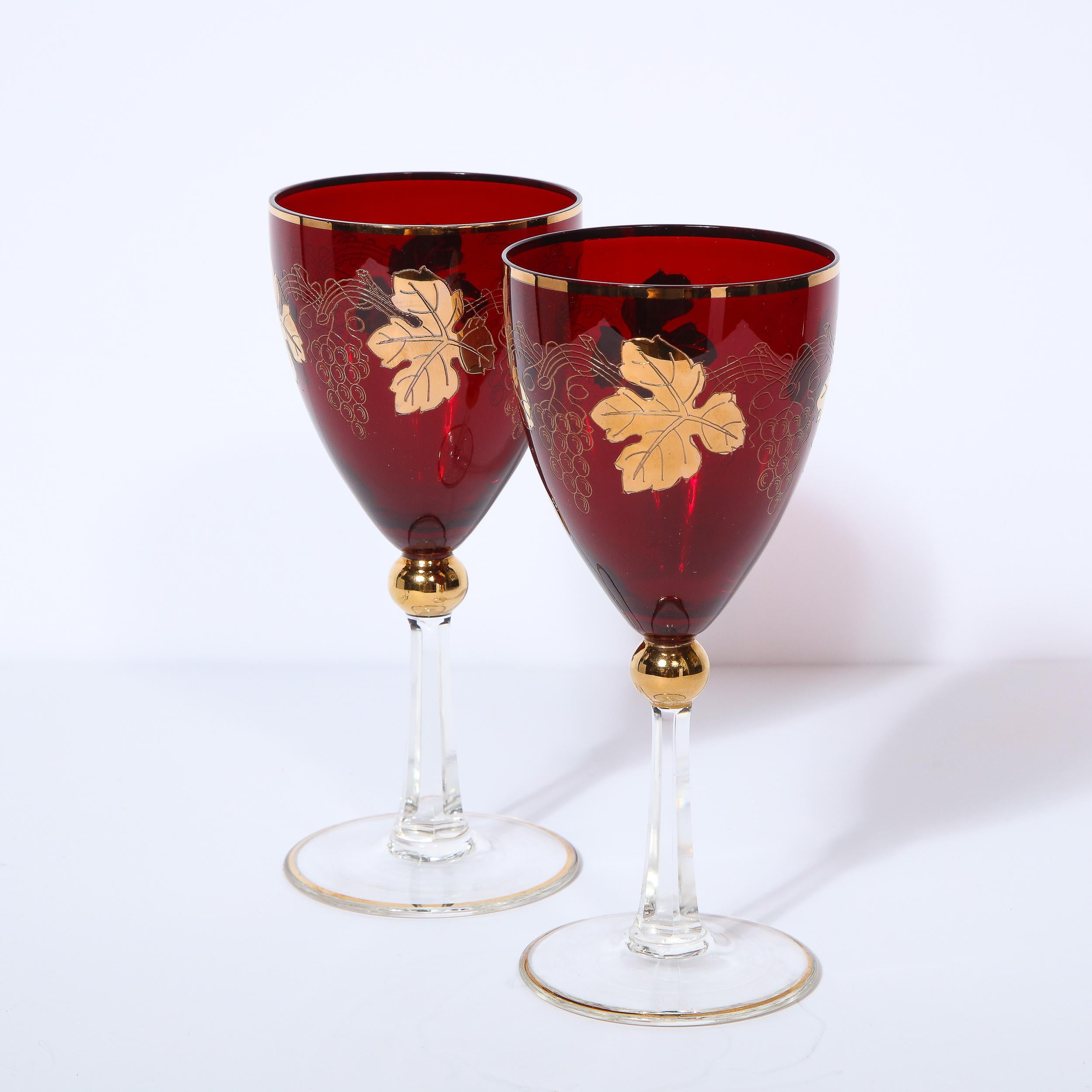 American Set of 8 Art Deco Ruby & Translucent Crystal Wine Glasses with 24kt Gold Overlay For Sale