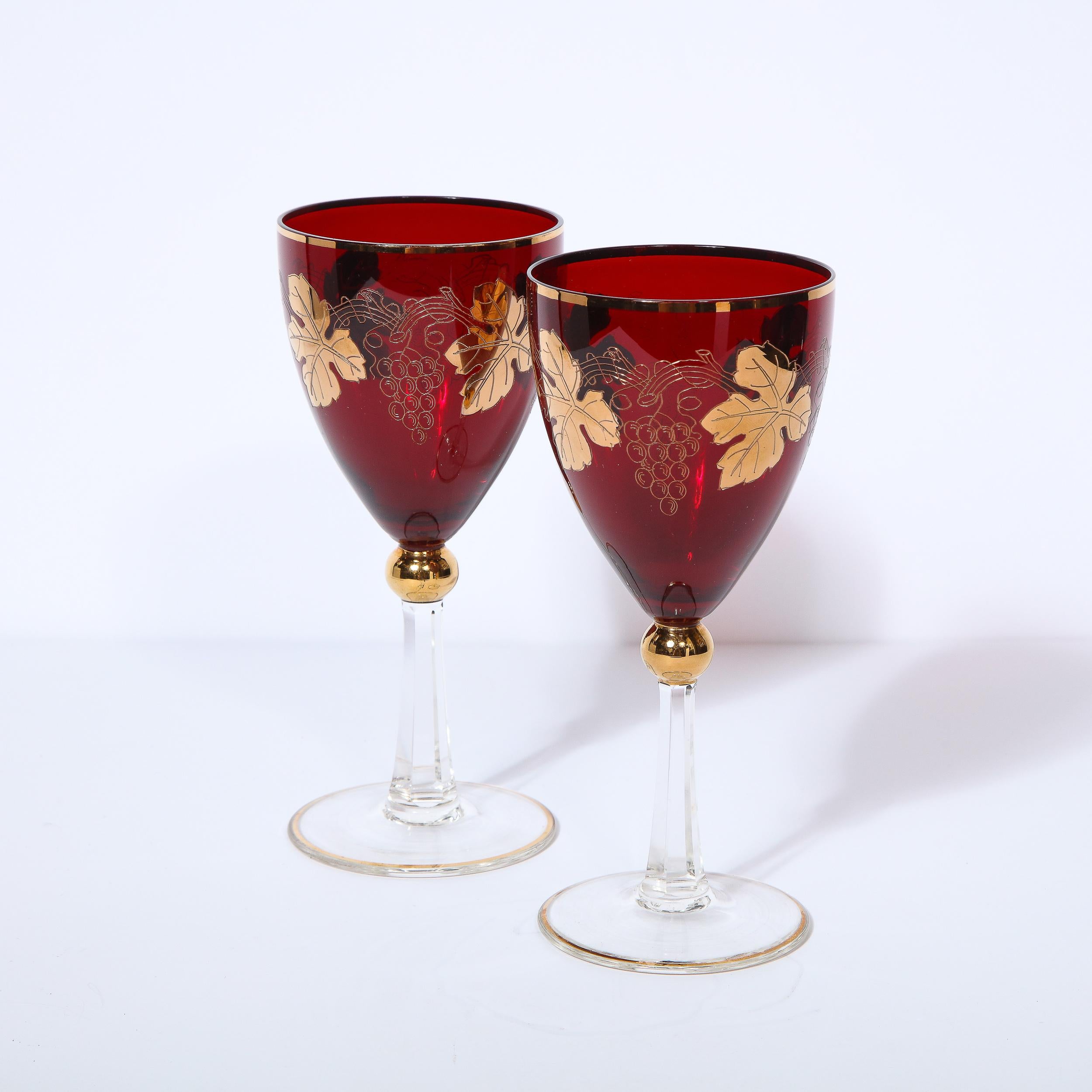 Mid-20th Century Set of 8 Art Deco Ruby & Translucent Crystal Wine Glasses with 24kt Gold Overlay For Sale