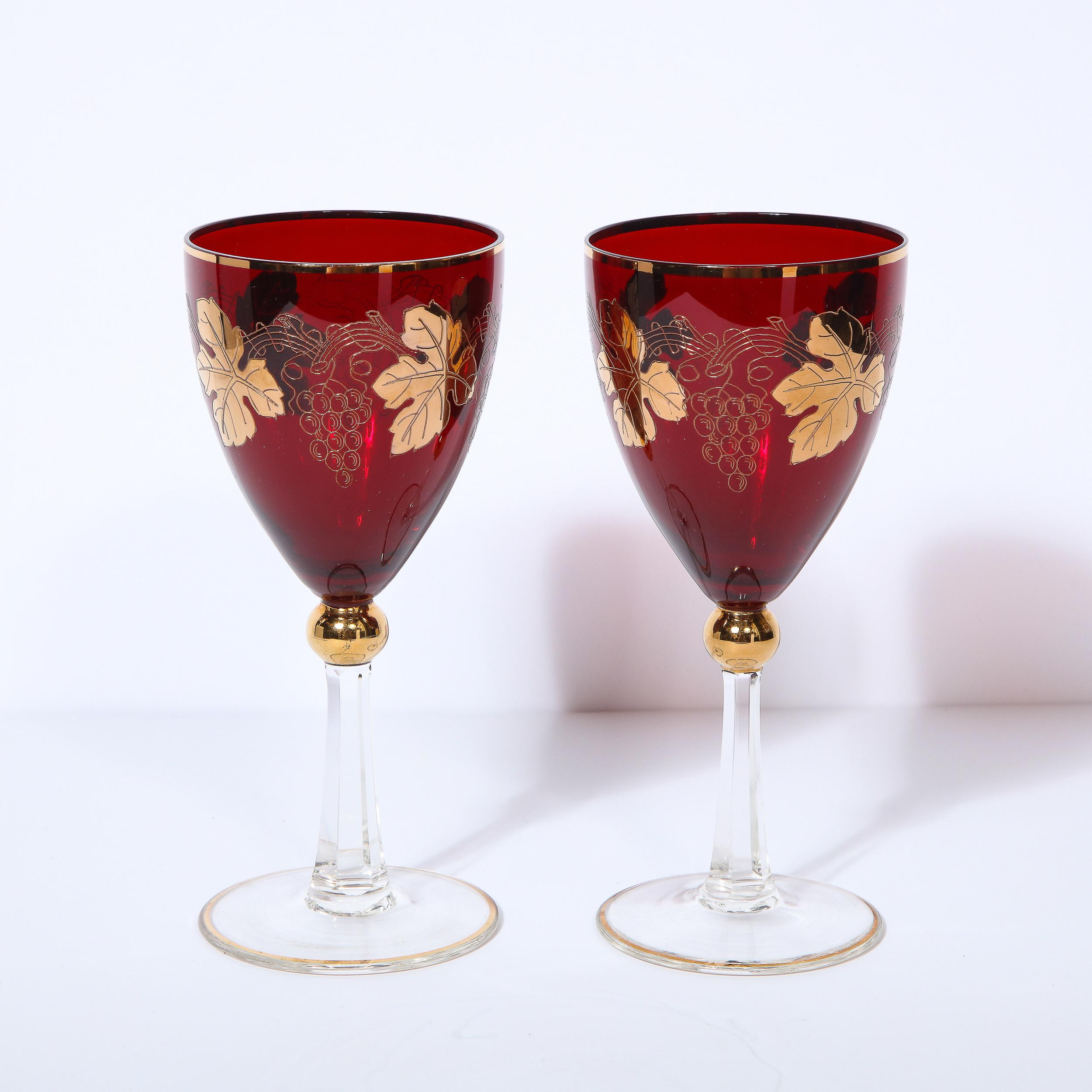 Set of 8 Art Deco Ruby & Translucent Crystal Wine Glasses with 24kt Gold Overlay For Sale 1