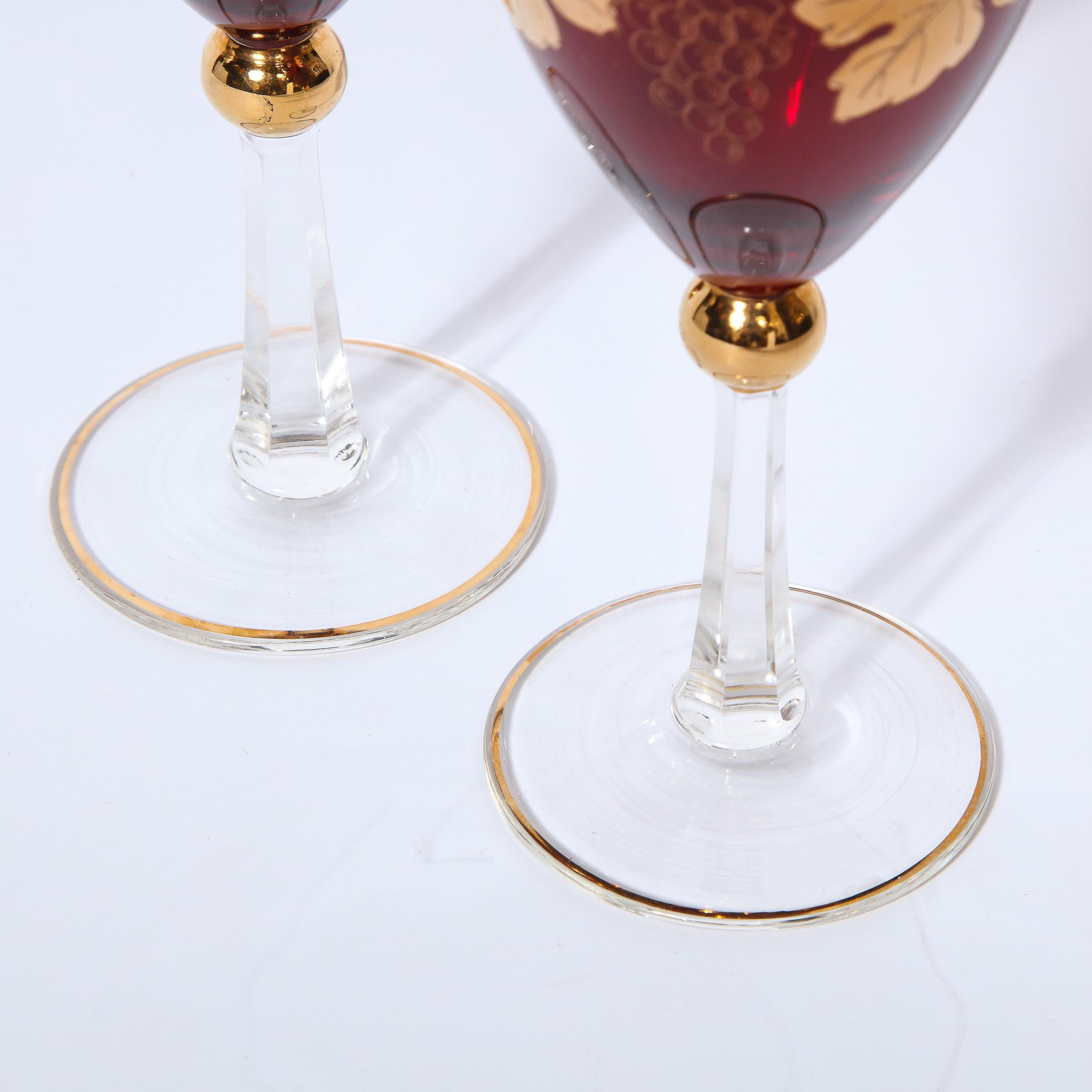 Set of 8 Art Deco Ruby & Translucent Crystal Wine Glasses with 24kt Gold Overlay For Sale 2