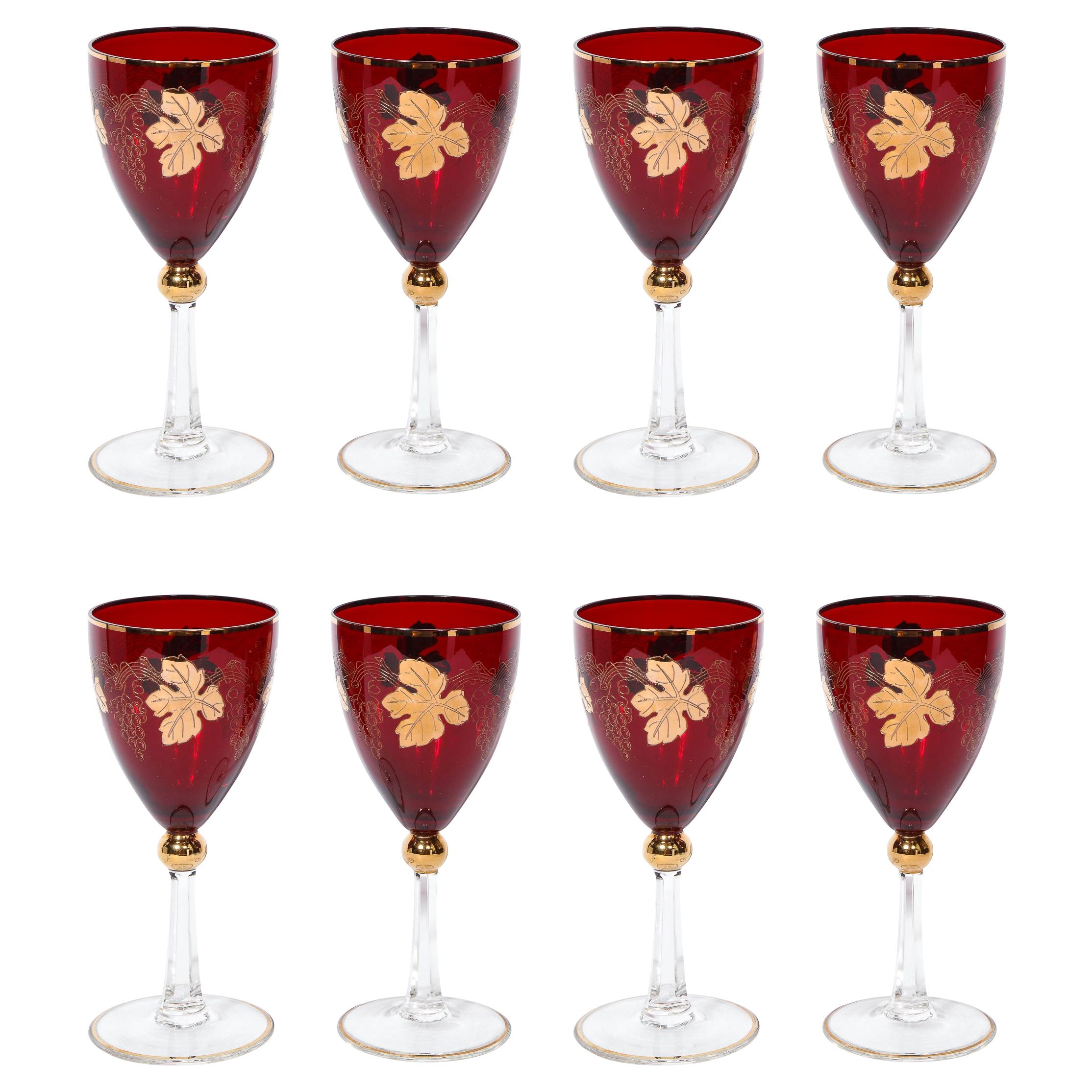 Set of 8 Art Deco Ruby & Translucent Crystal Wine Glasses with 24kt Gold Overlay