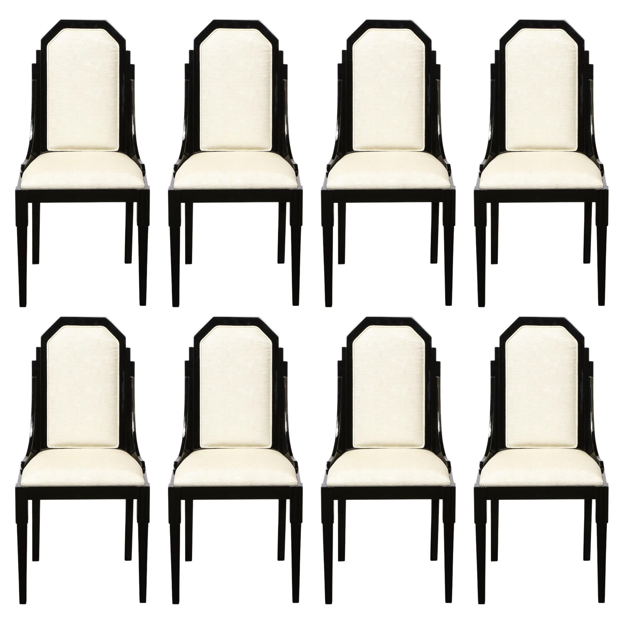 Set of 8 Art Deco Skyscraper Style Machine Age Black Lacquer Dining Chairs