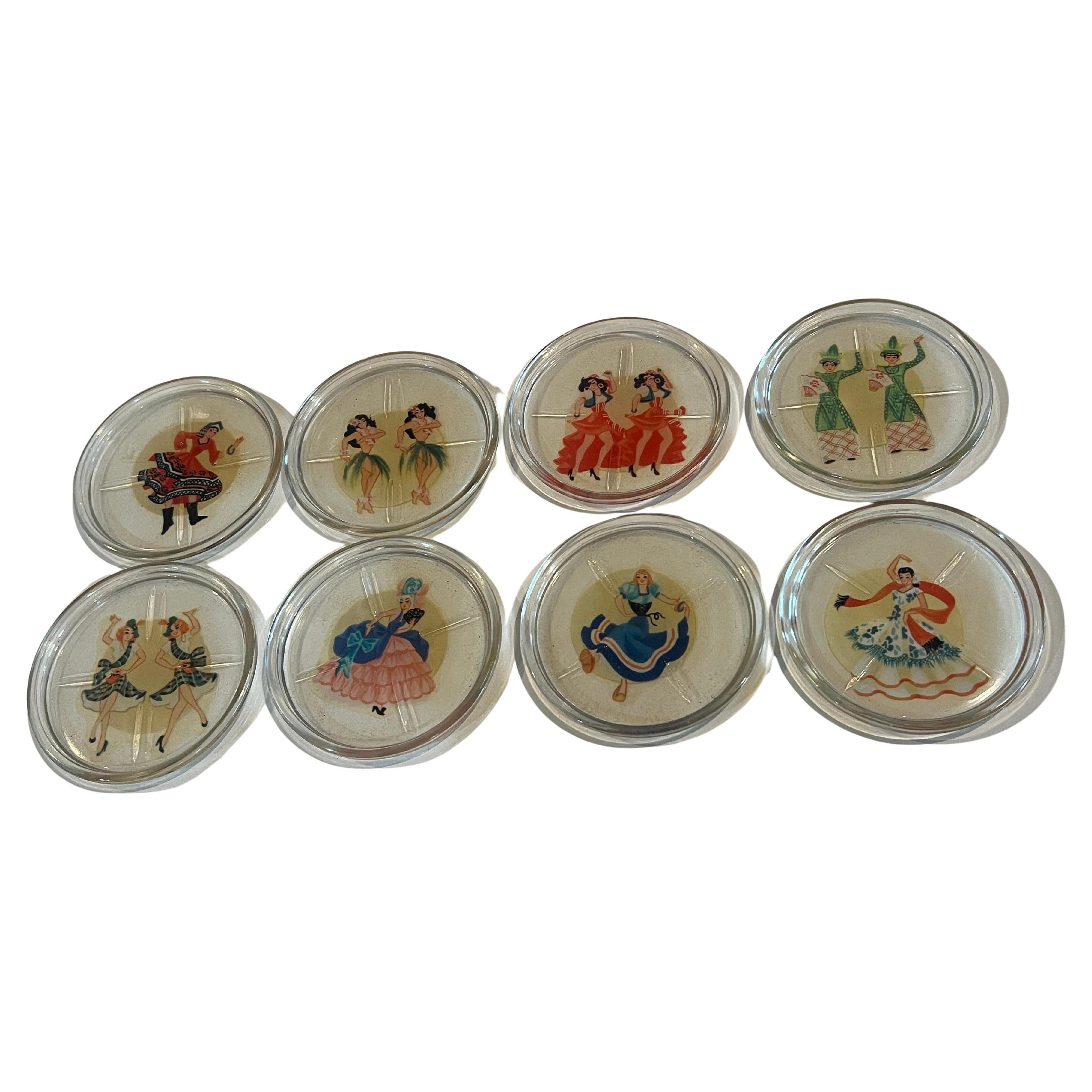 Juego de 8 Posavasos Art Decó Bailaores Flamencos Españoles Vidrio en venta