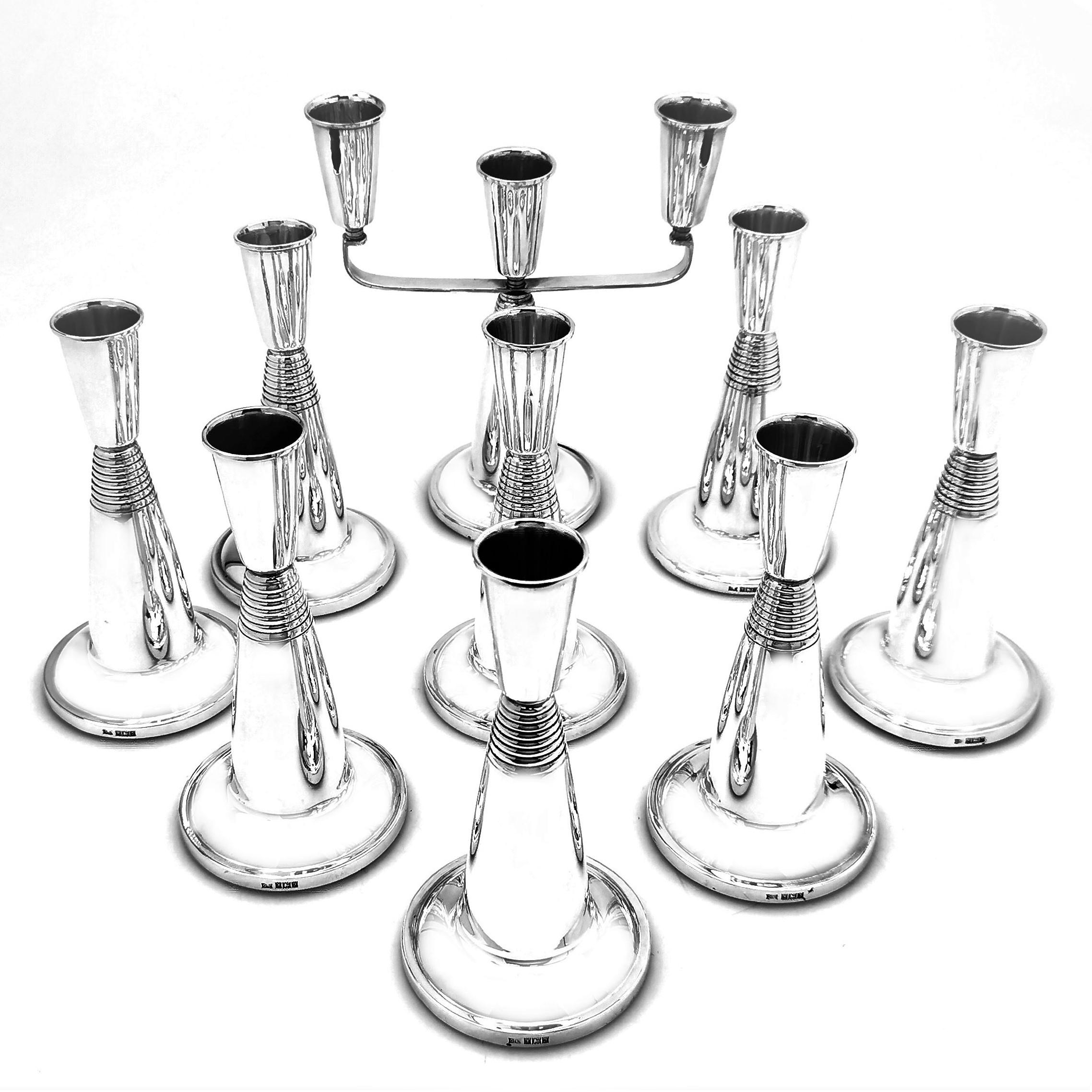 English Set of 8 Art Deco Style Sterling Silver Candlesticks & A Candelabra 1990
